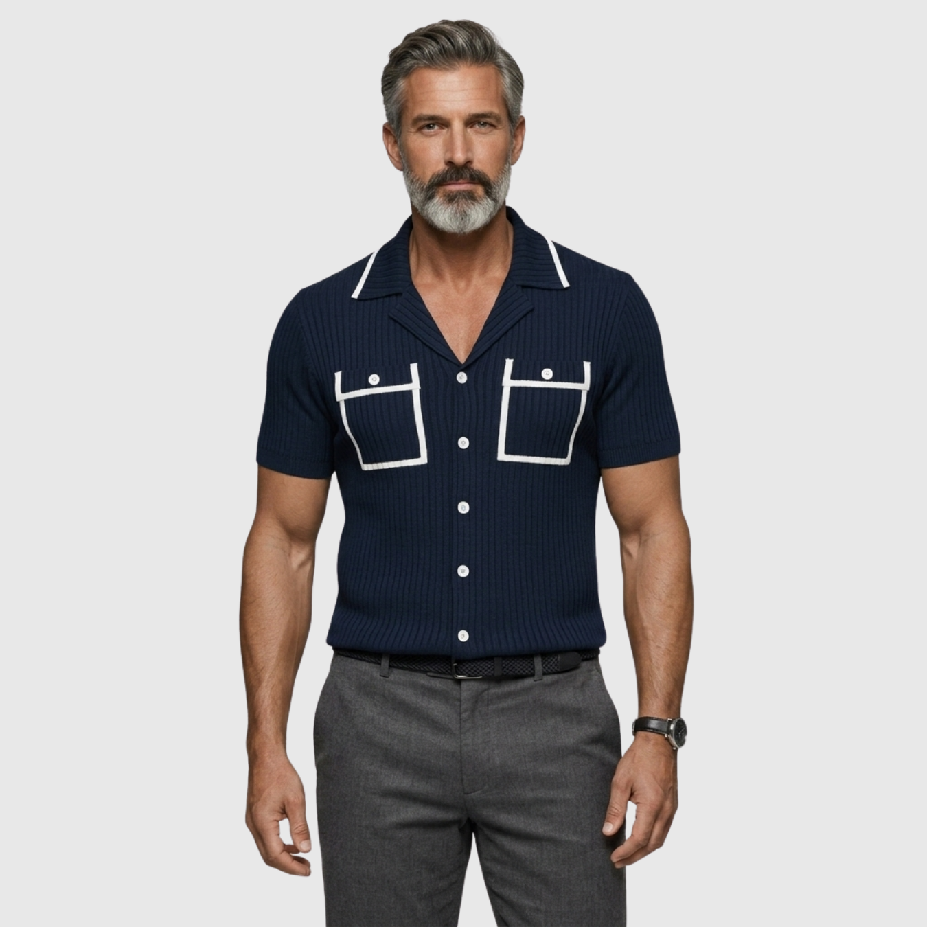 Chemise homme maille côtelée manches courtes col cubain