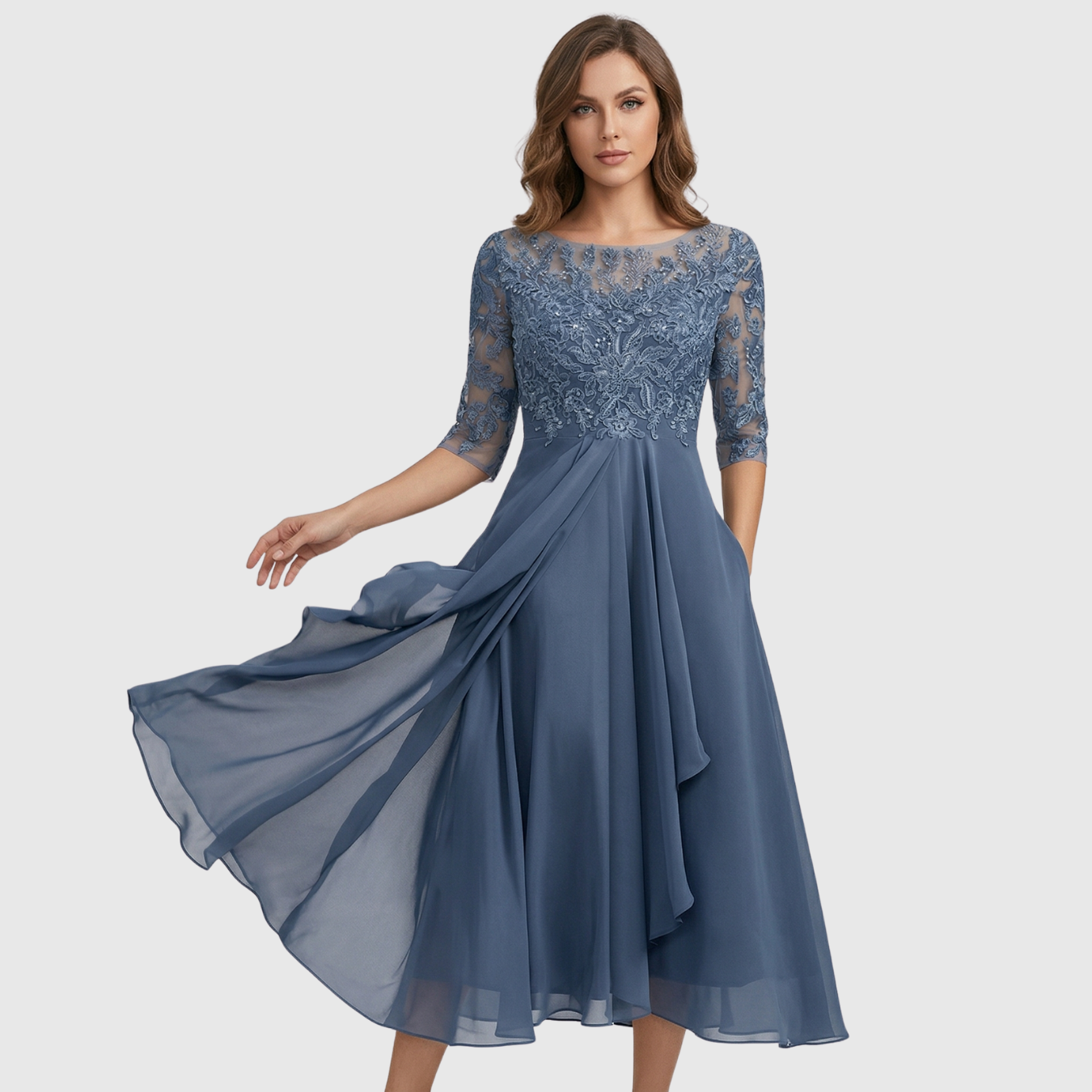 Robe midi femme brodée manches courtes transparentes coupe évasée