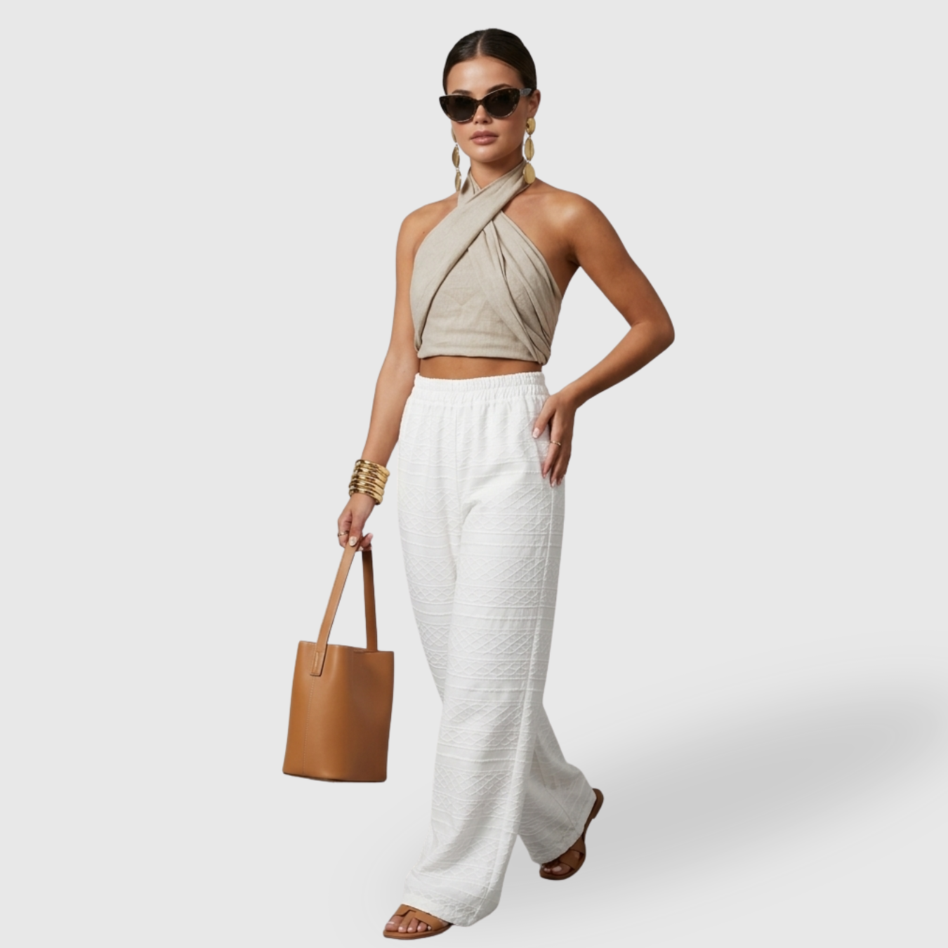 Top femme dos nu coton lin col halter croisé sans manches