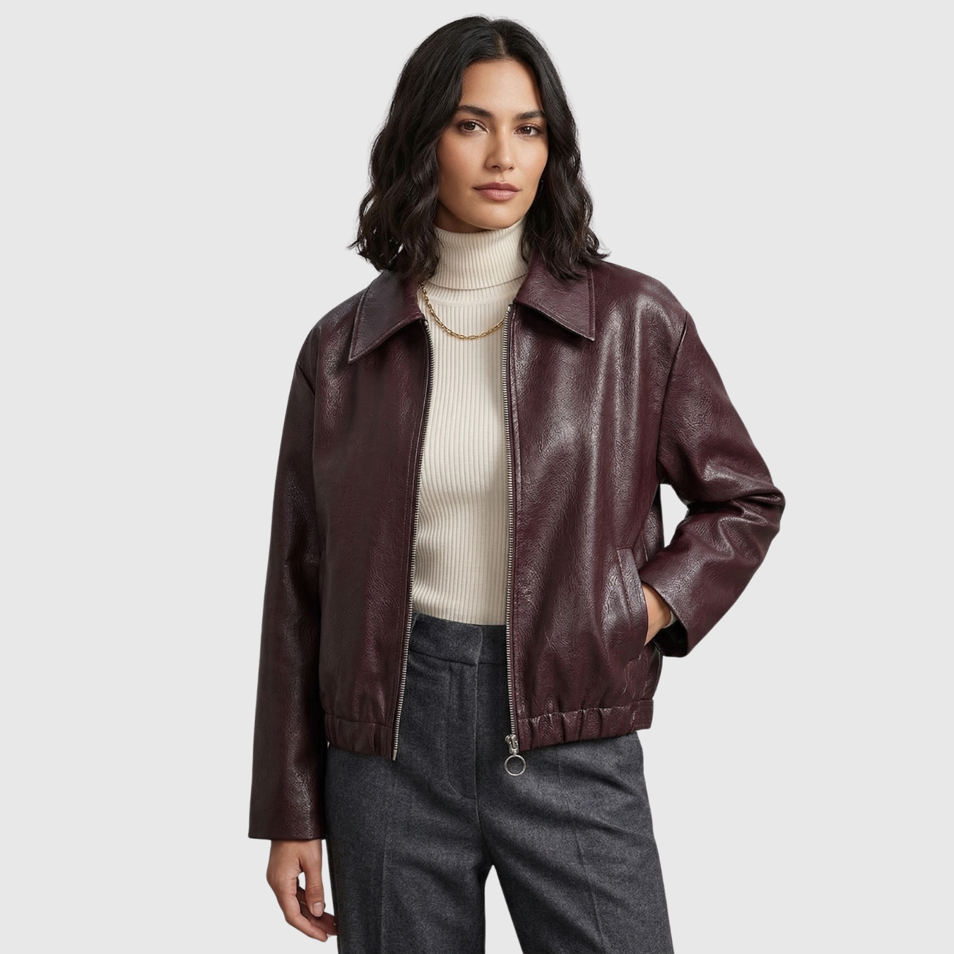 Veste similicuir femme zippée col chemise coupe courte manches longues