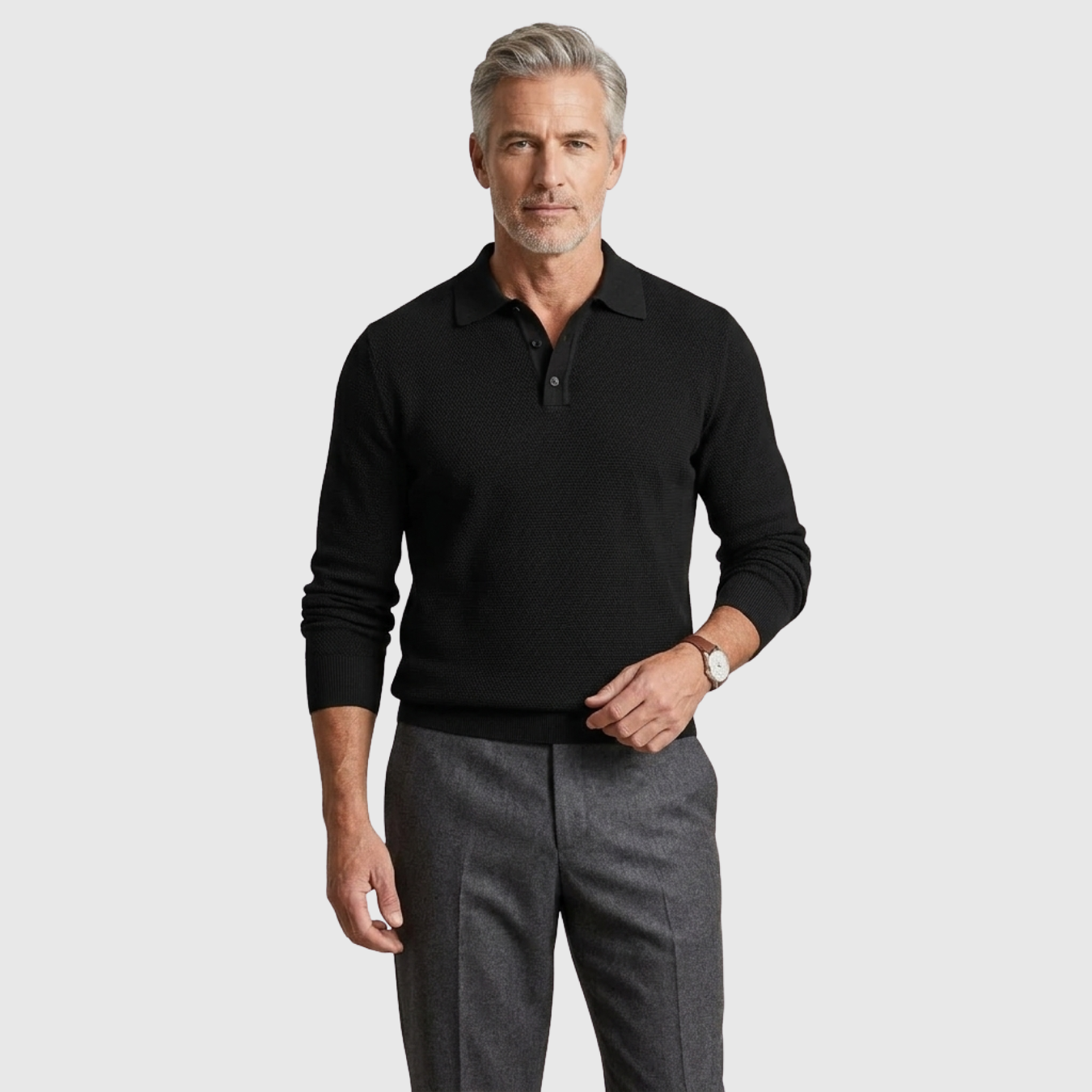 Polo homme manches longues coton mélangé col boutonné coupe droite
