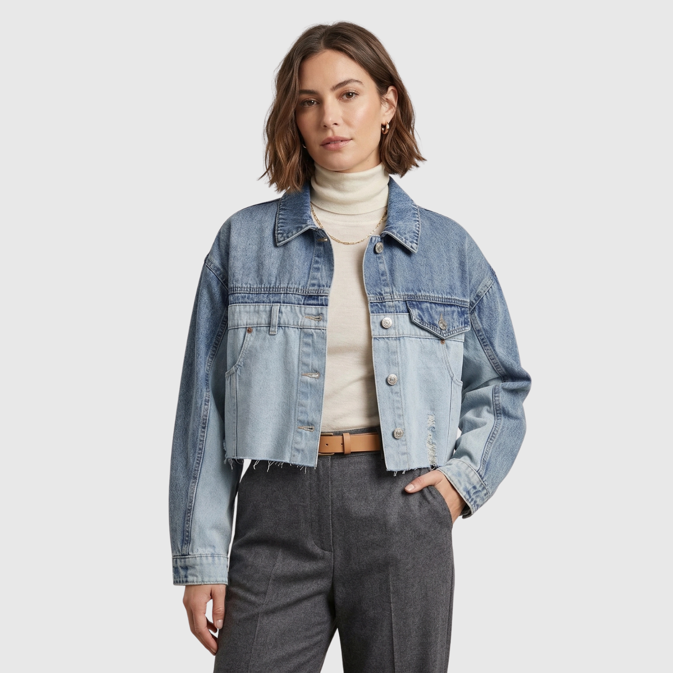 Veste en jean femme courte coupe ample manches longues boutonnée