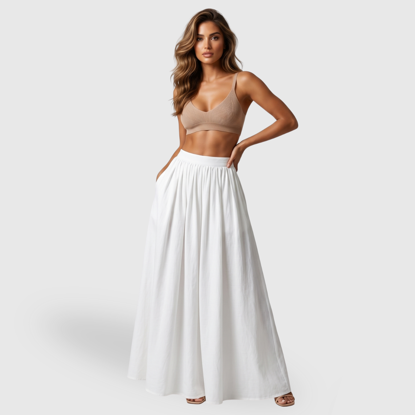 Jupe longue femme en lin taille haute coupe fluide plissée