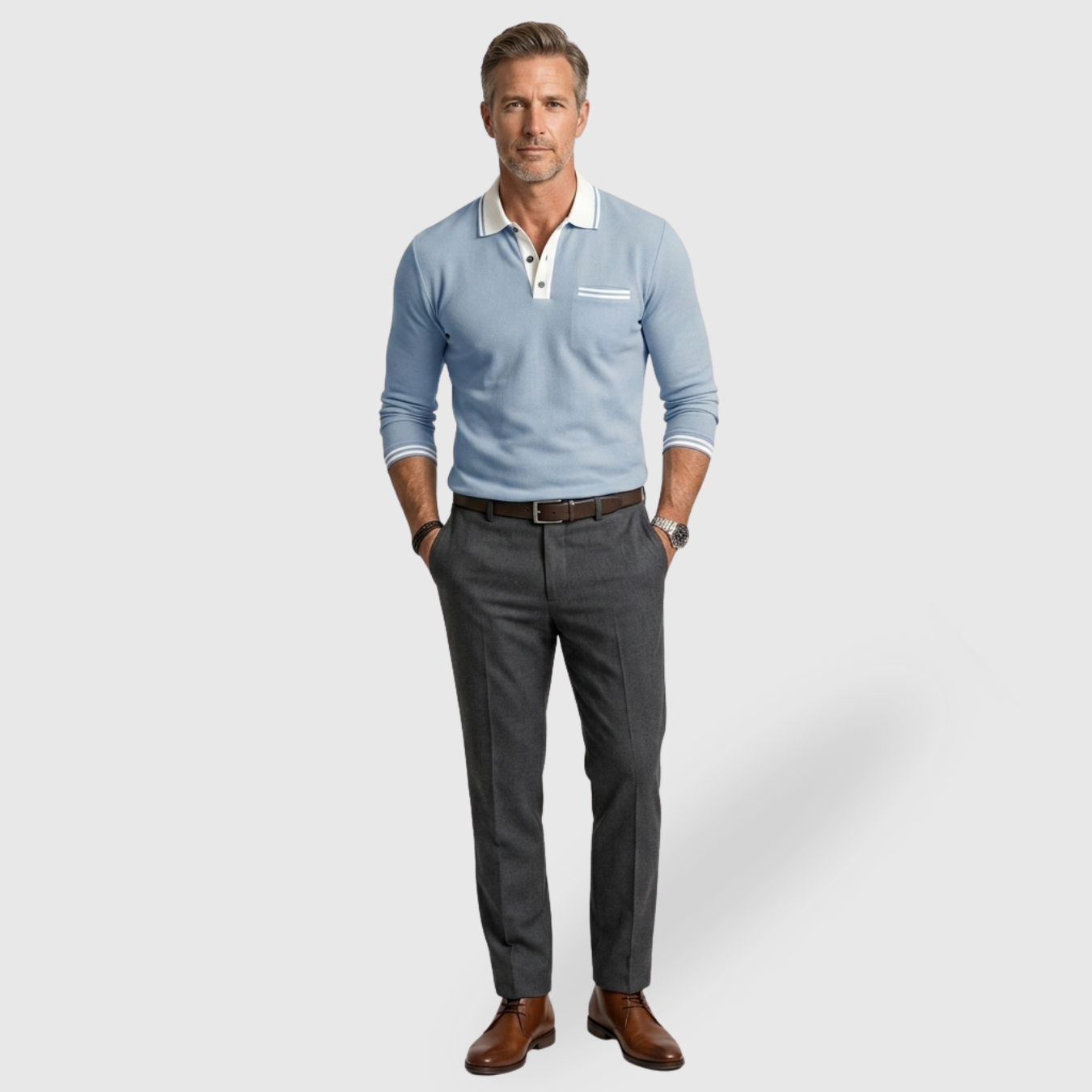 Polo homme manches longues col boutonné coupe ajustée détails contrastés