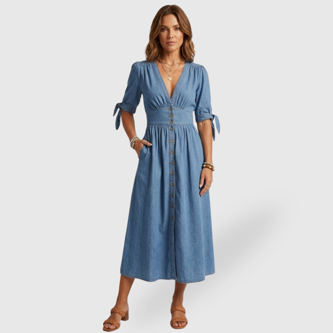 Robe longue en jean femme boutonnée col V manches 3/4 coupe évasée