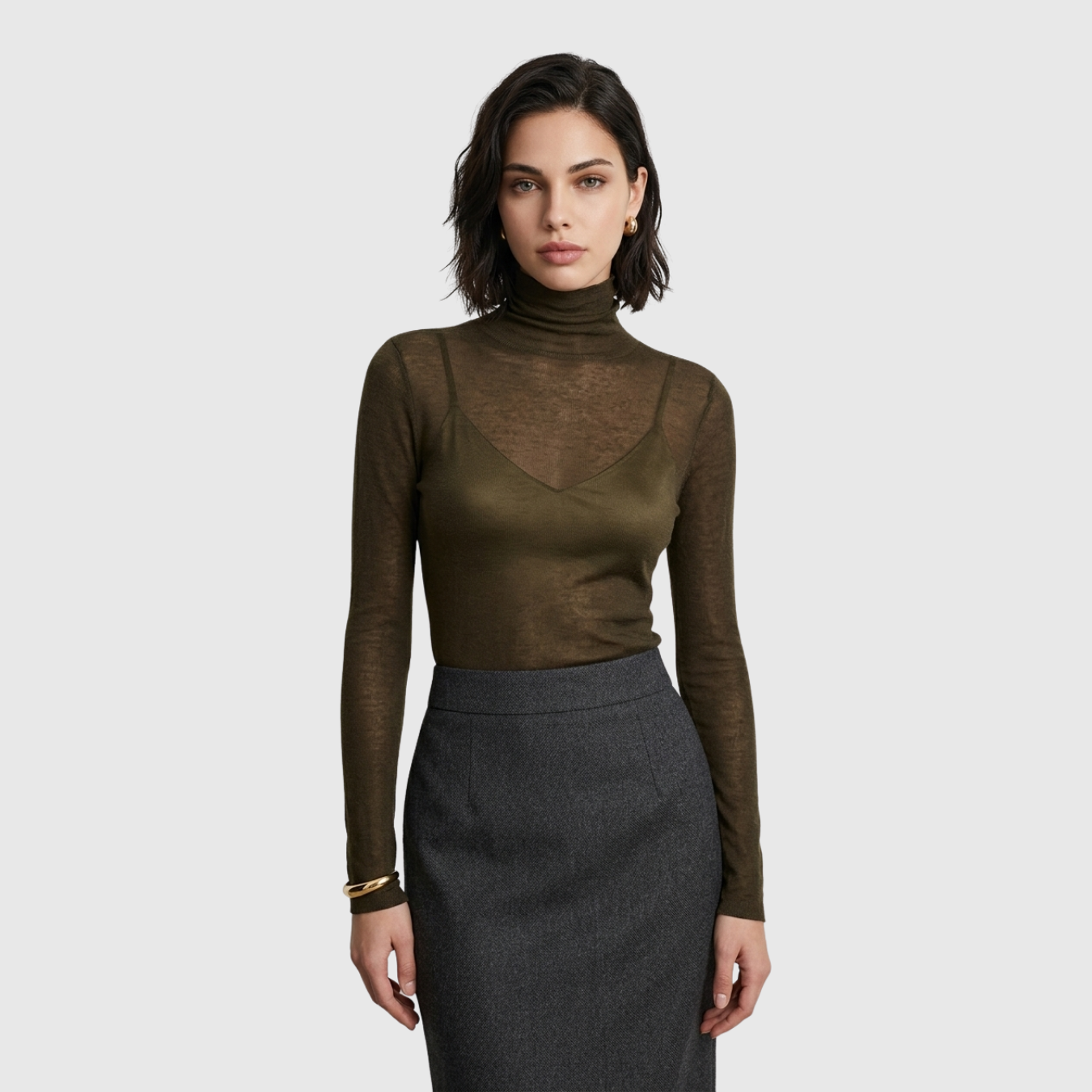 Pull col roulé femme laine mélangée maille fine transparente