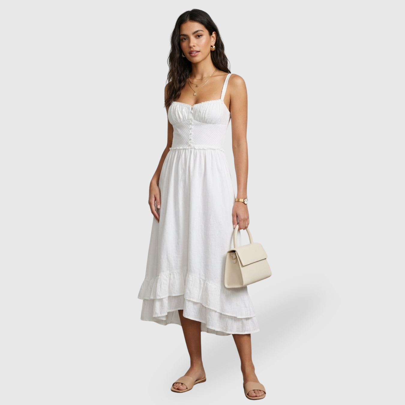 Robe midi femme à bretelles volantée coupe fluide été