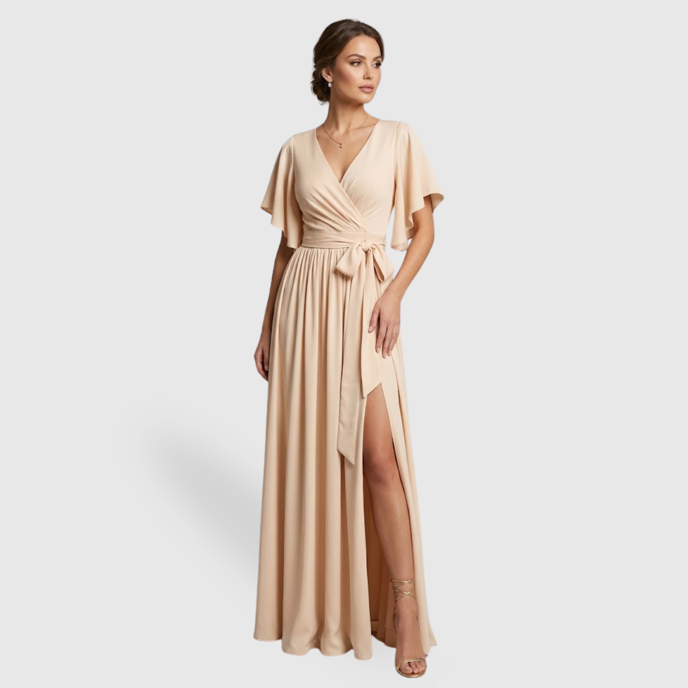 Robe demoiselle d’honneur longue portefeuille manches volantées formelle