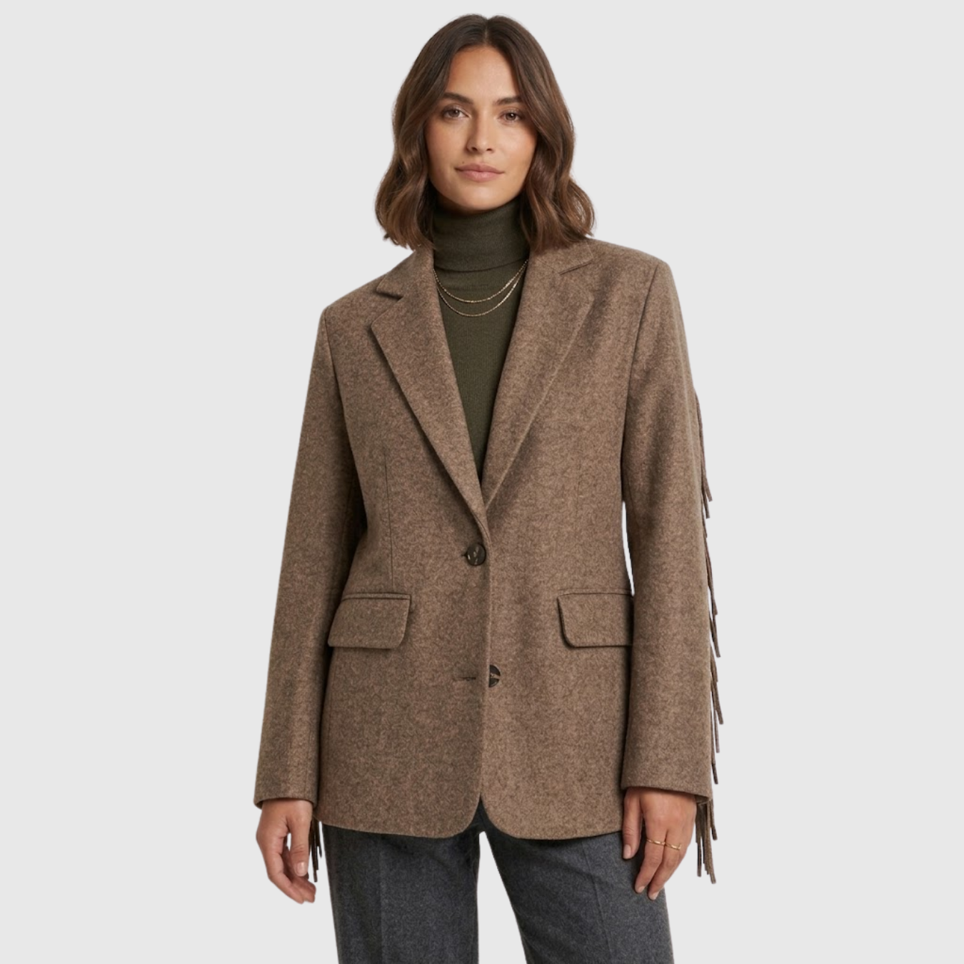 Blazer femme laine manches longues franges coupe droite boutonné