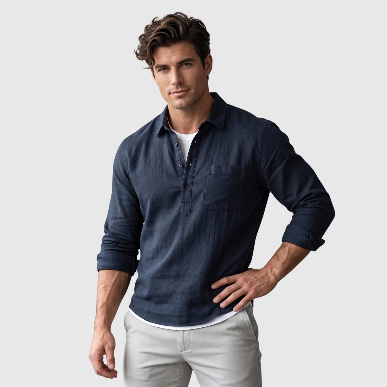 Chemise homme coton lin col polo manches longues coupe décontractée