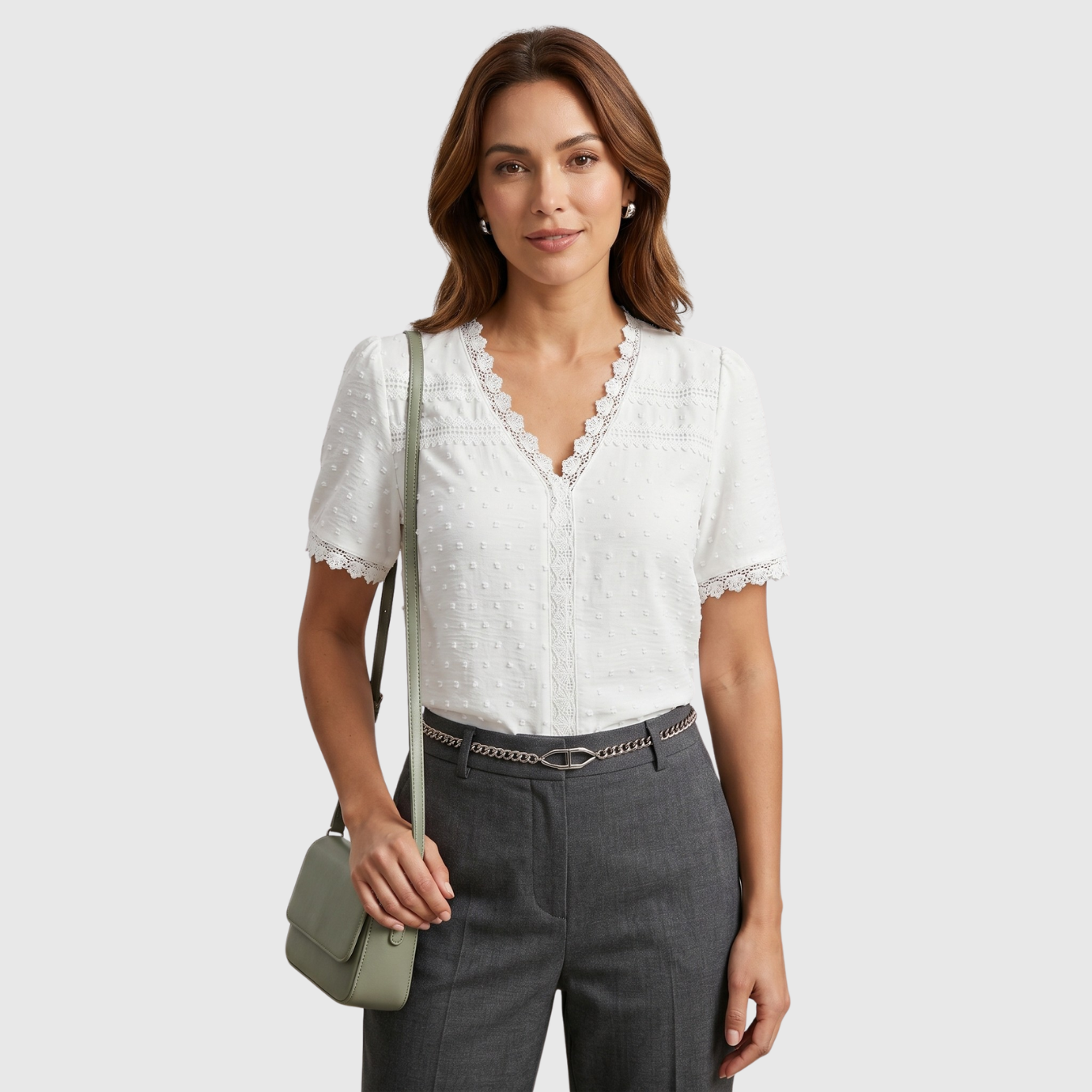 Blouse femme col V texturée manches courtes dentelle style bohème