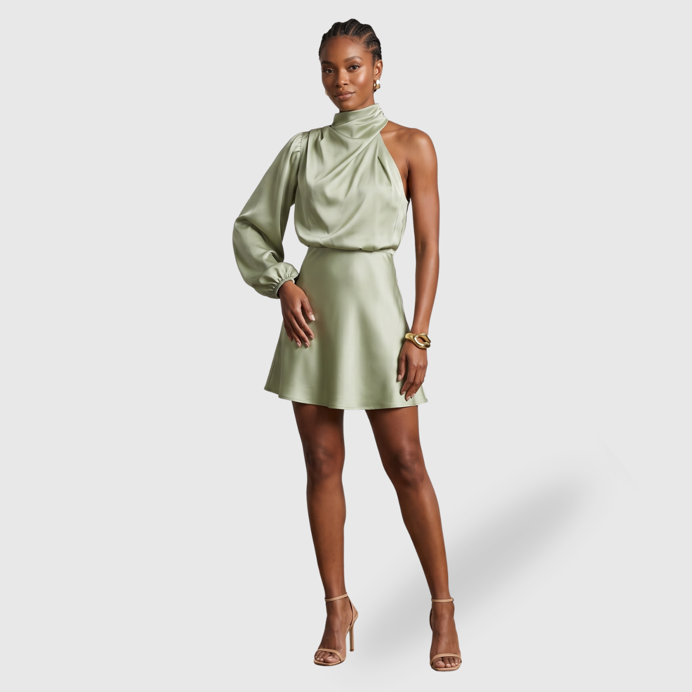 Robe satinée asymétrique femme une épaule manches longues courte