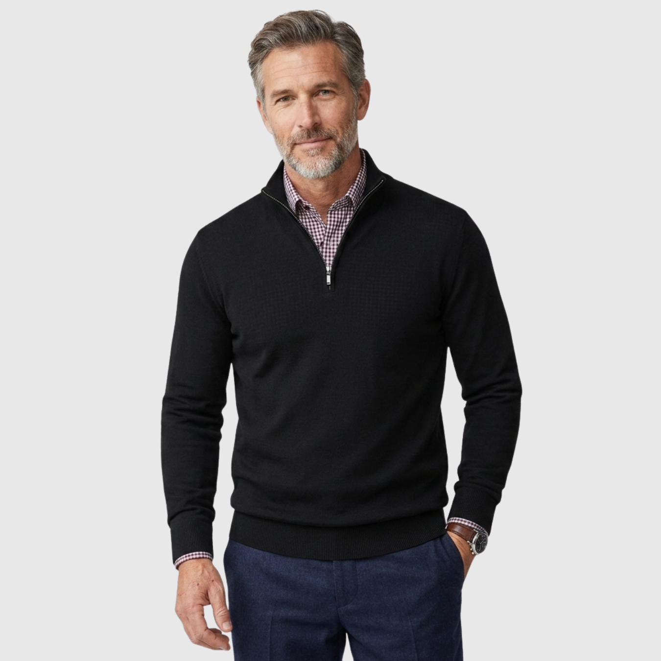 Pull homme col zippé demi-zip manches longues coupe ajustée