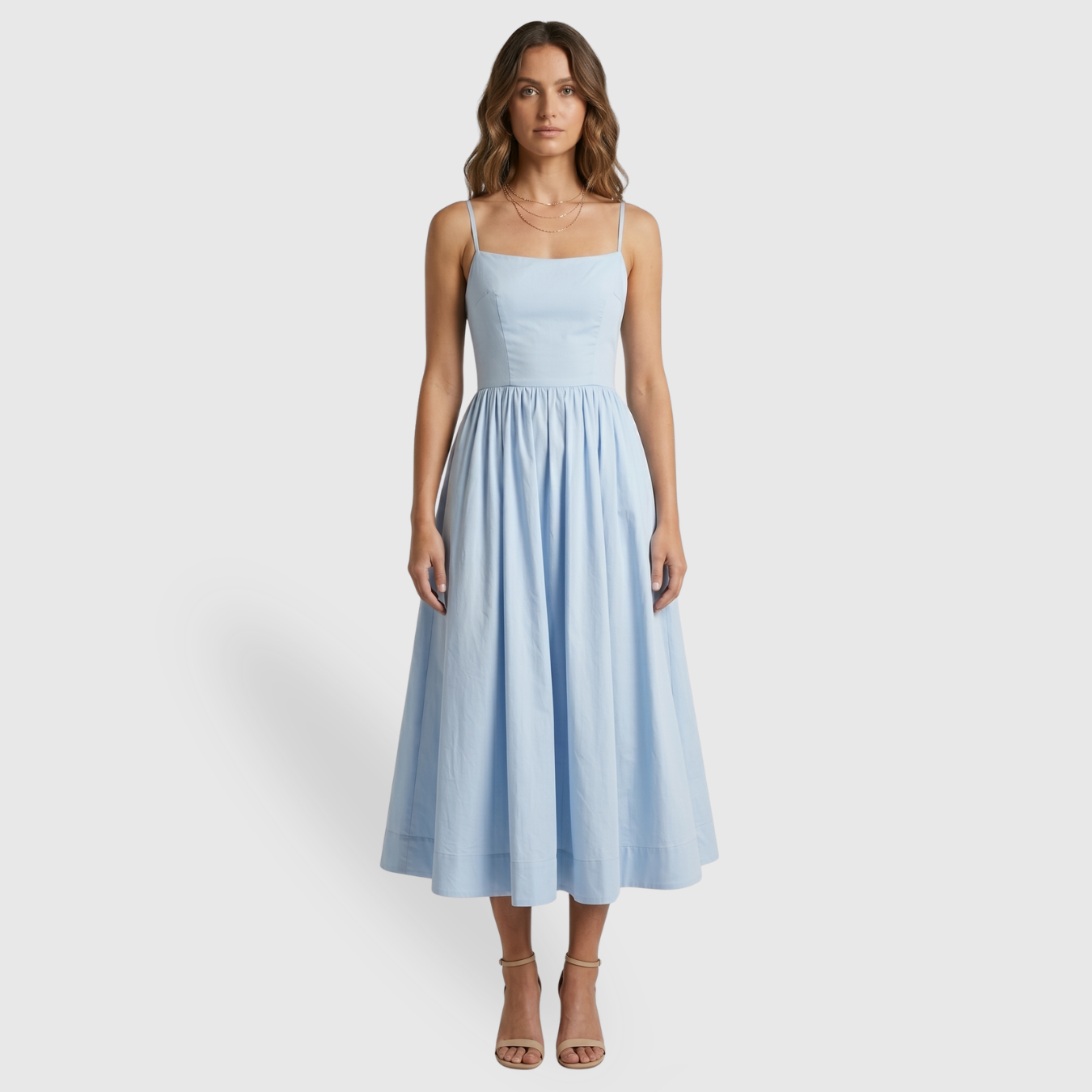 Robe midi femme bretelles fines coupe cintrée jupe évasée taille marquée