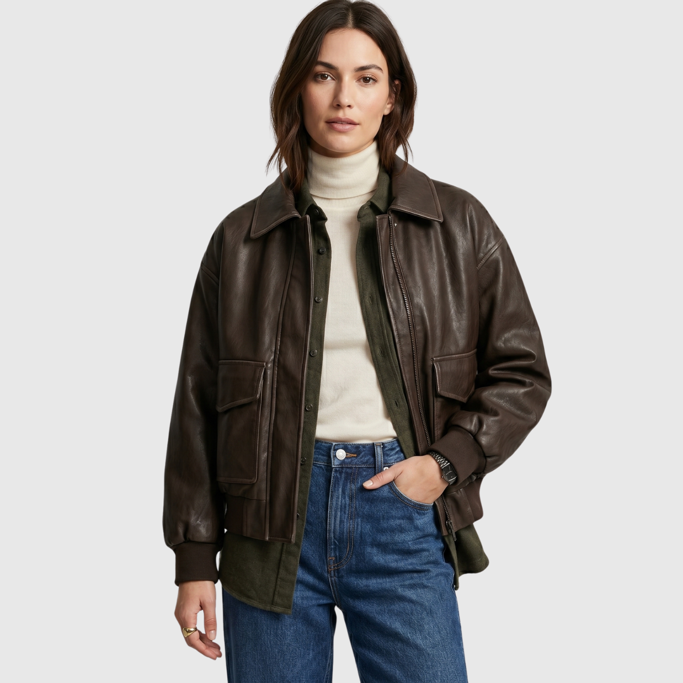 Veste femme oversize similicuir zippée ourlet côtelé poches