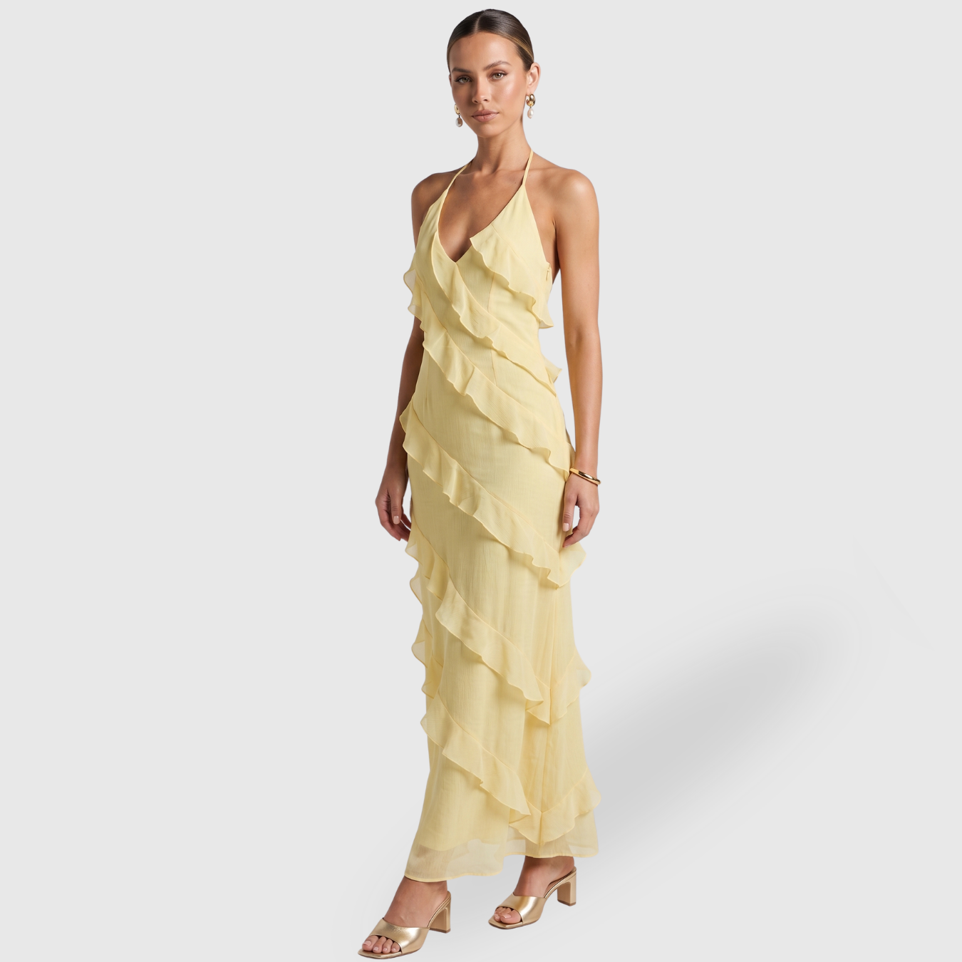 Robe longue femme dos nu à volants coupe fluide col halter