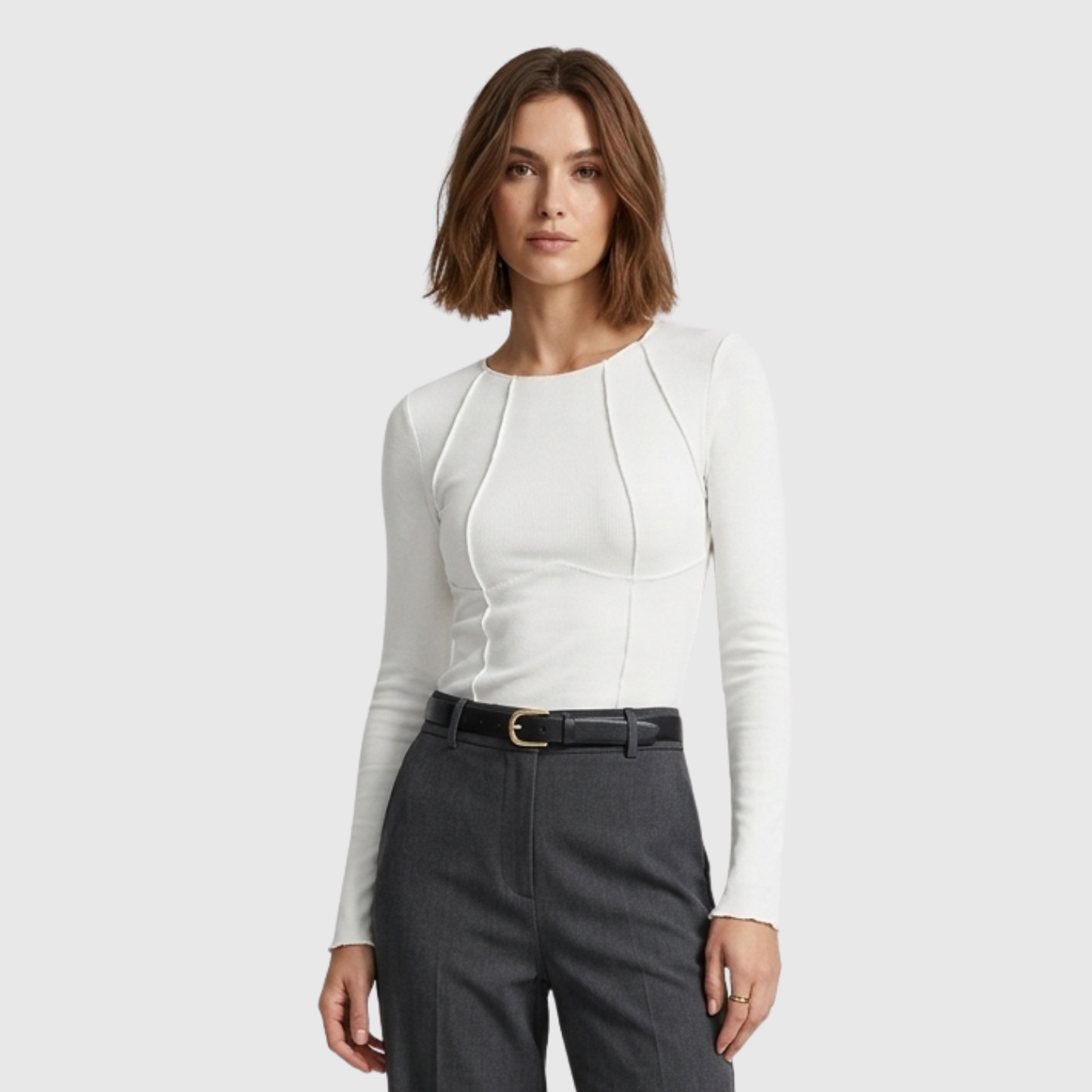 Top manches longues femme ajusté détail piping col rond