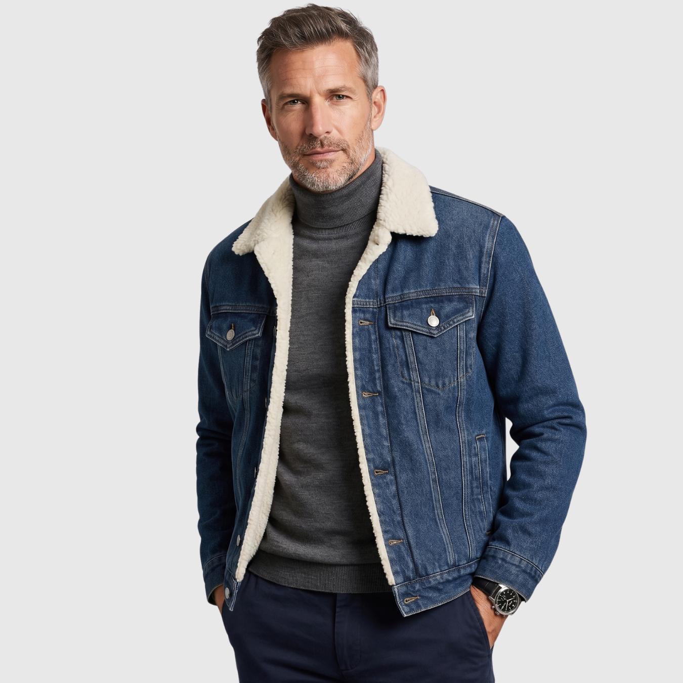 Veste jean homme doublée polaire col chemise fermeture boutonnée