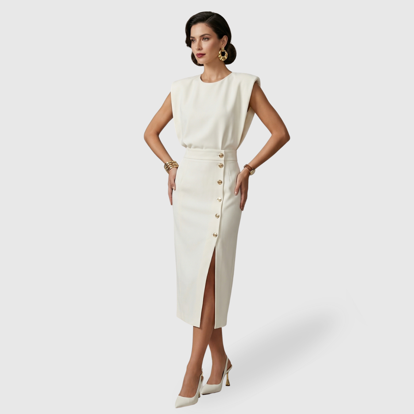 Robe midi femme sans manches ceinturée fente avant fermeture boutonnée