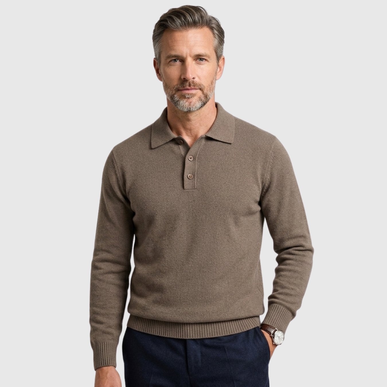 Pull homme col polo maille coton mélangé manches longues coupe ajustée