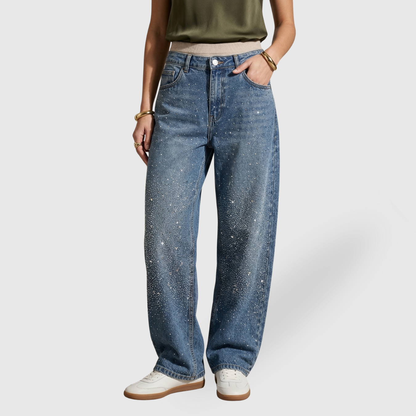 Jean large femme taille haute coupe oversize denim effet brillant