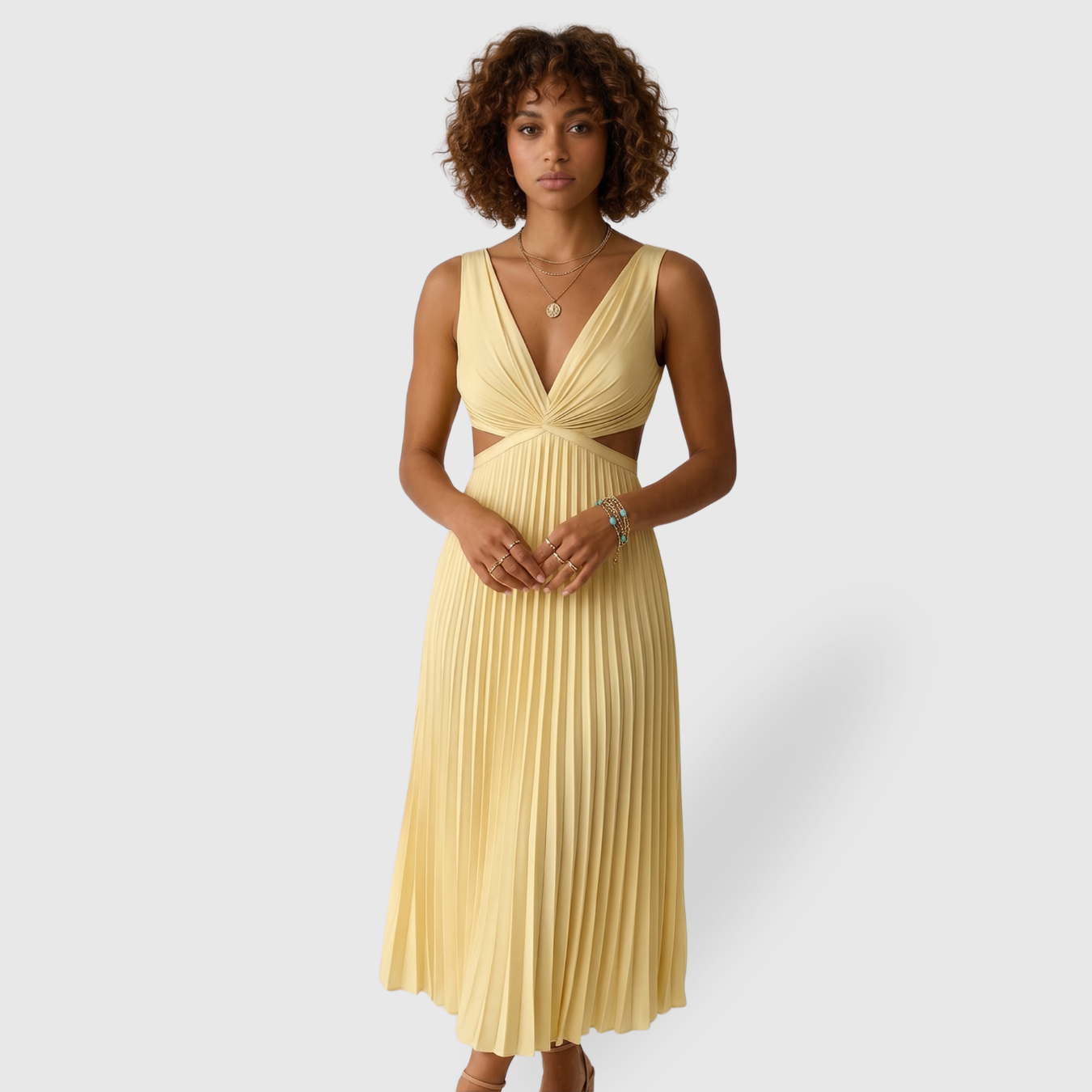 Robe longue plissée femme col V sans manches coupe fluide