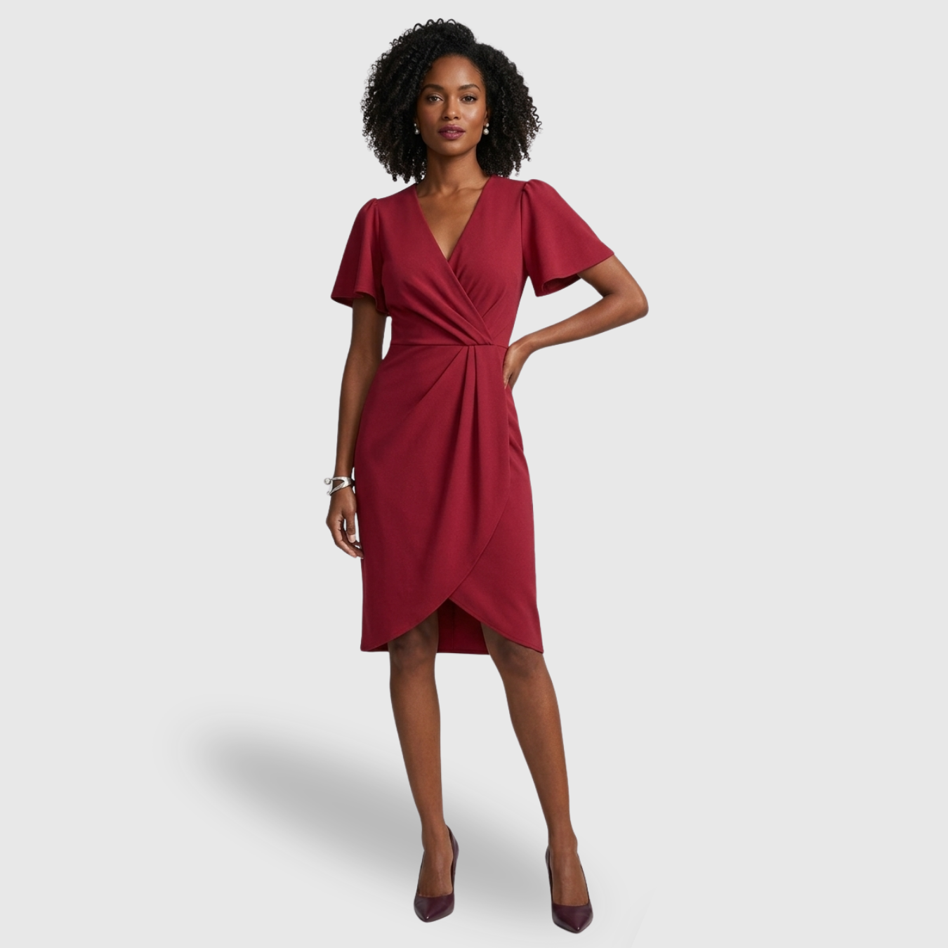 Robe portefeuille femme col en V manches courtes coupe slim longueur midi