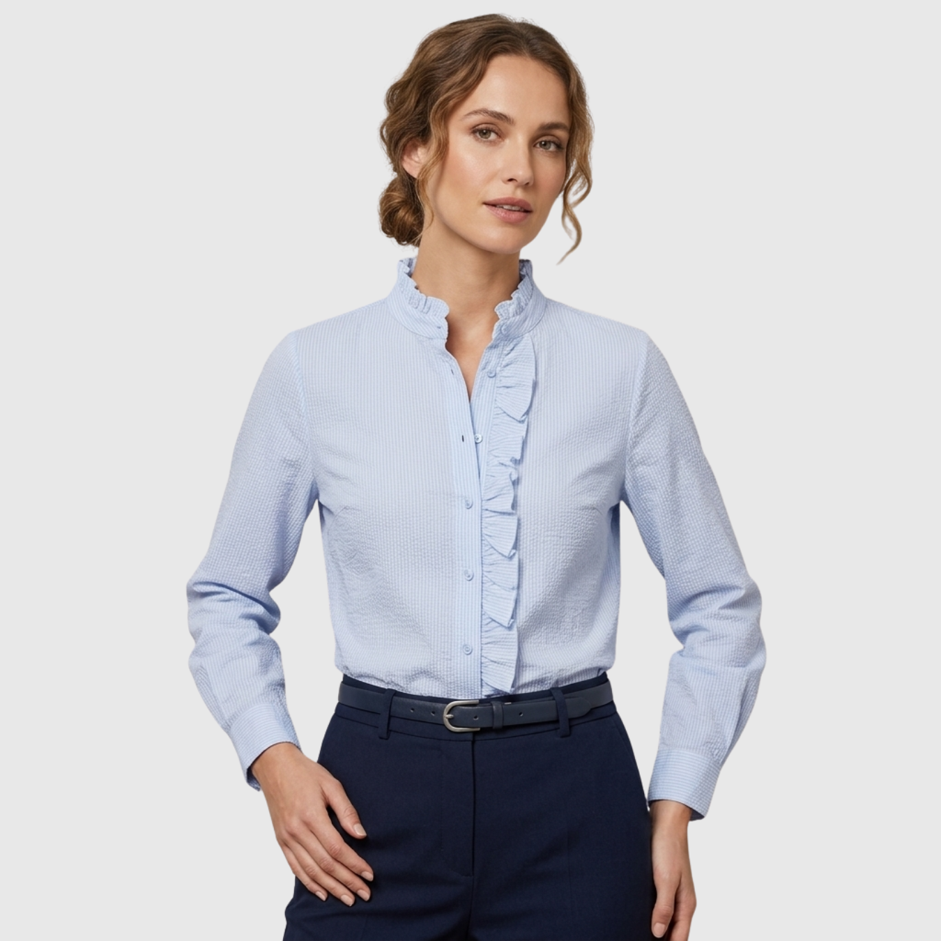 Chemisier femme à volants manches longues boutonné col V