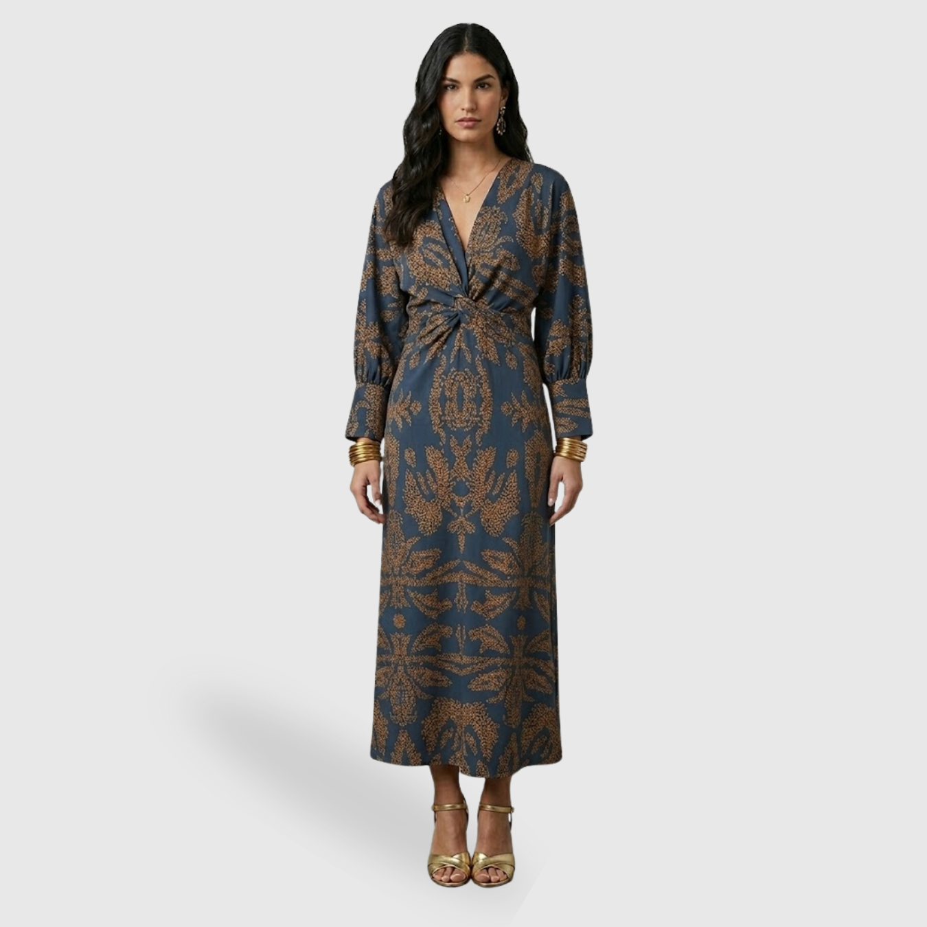 Robe longue femme coupe A col en V sans manches taille cintrée élégante