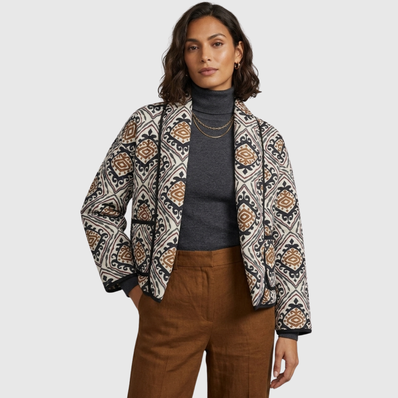 Veste femme matelassée imprimée coupe ample manches longues sans fermeture