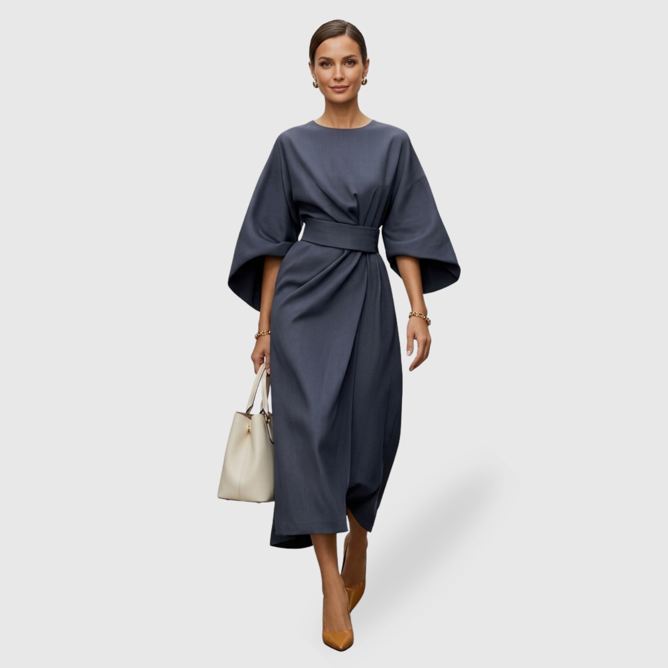 Robe femme manches lanternes coupe fluide élégante mi-longue