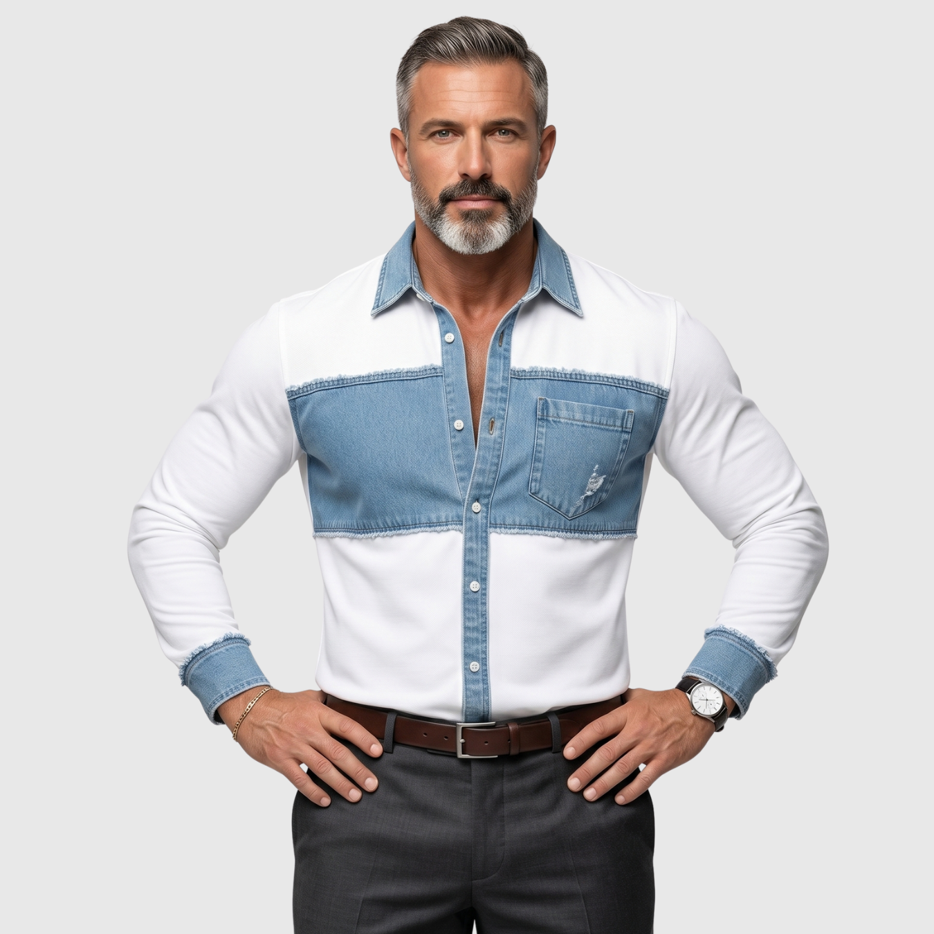 Chemise homme patchwork denim coupe ajustée manches longues