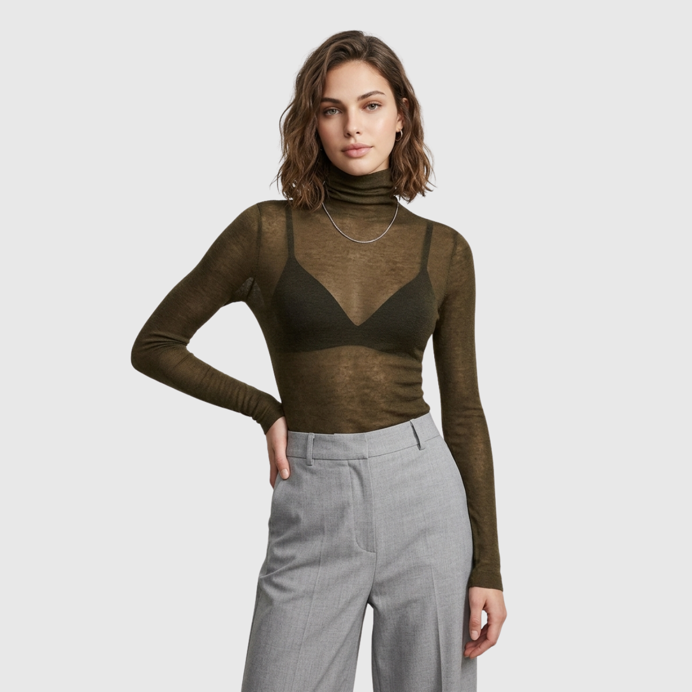 Pull col roulé femme laine mélangée transparent manches longues