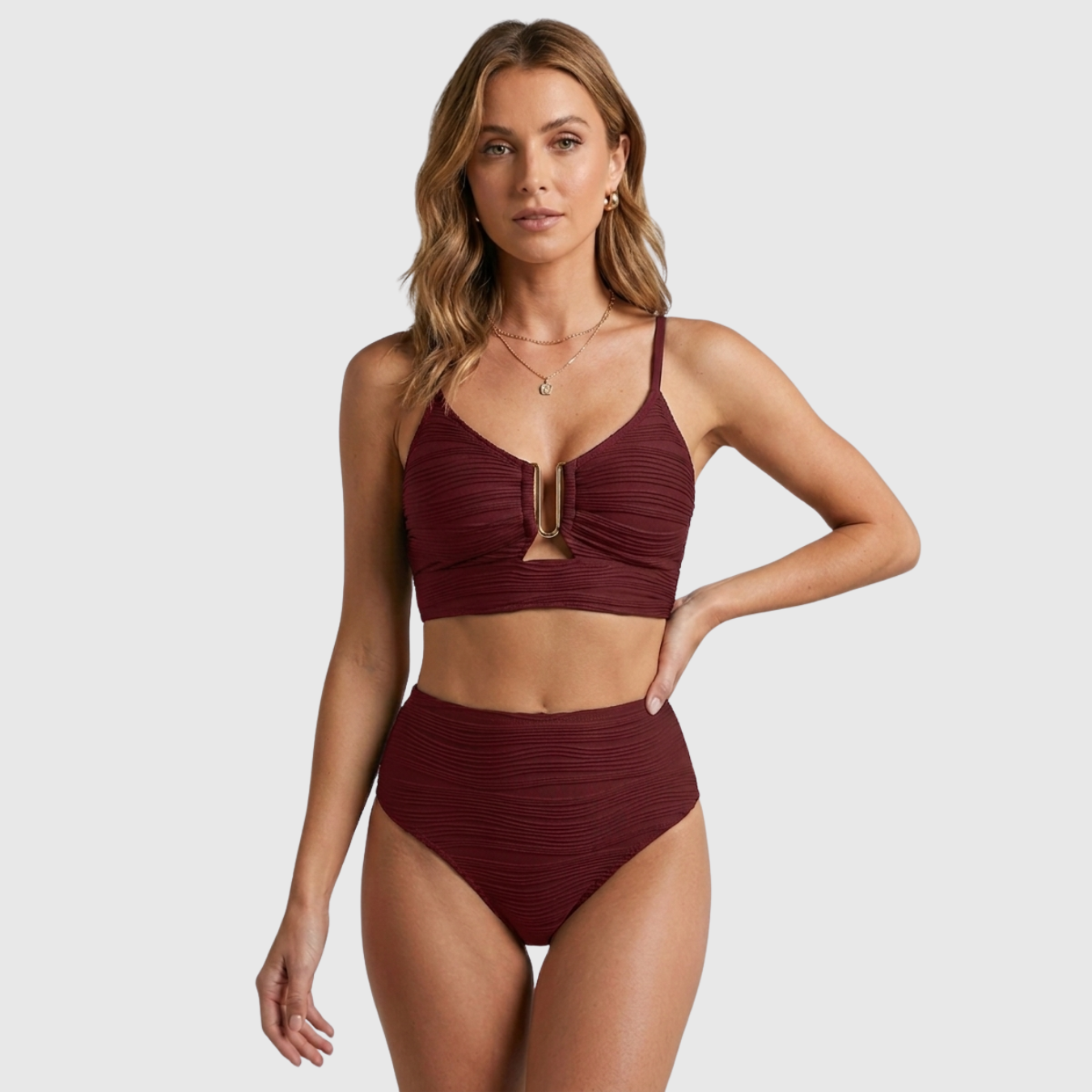 Bikini taille haute femme texturé avec découpe U et deux pièces