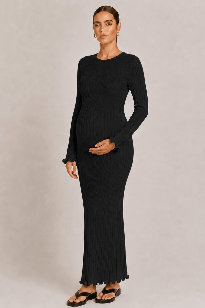 Robe Maxi Maternité Tricot Côtelé Manches Longues Col Rond