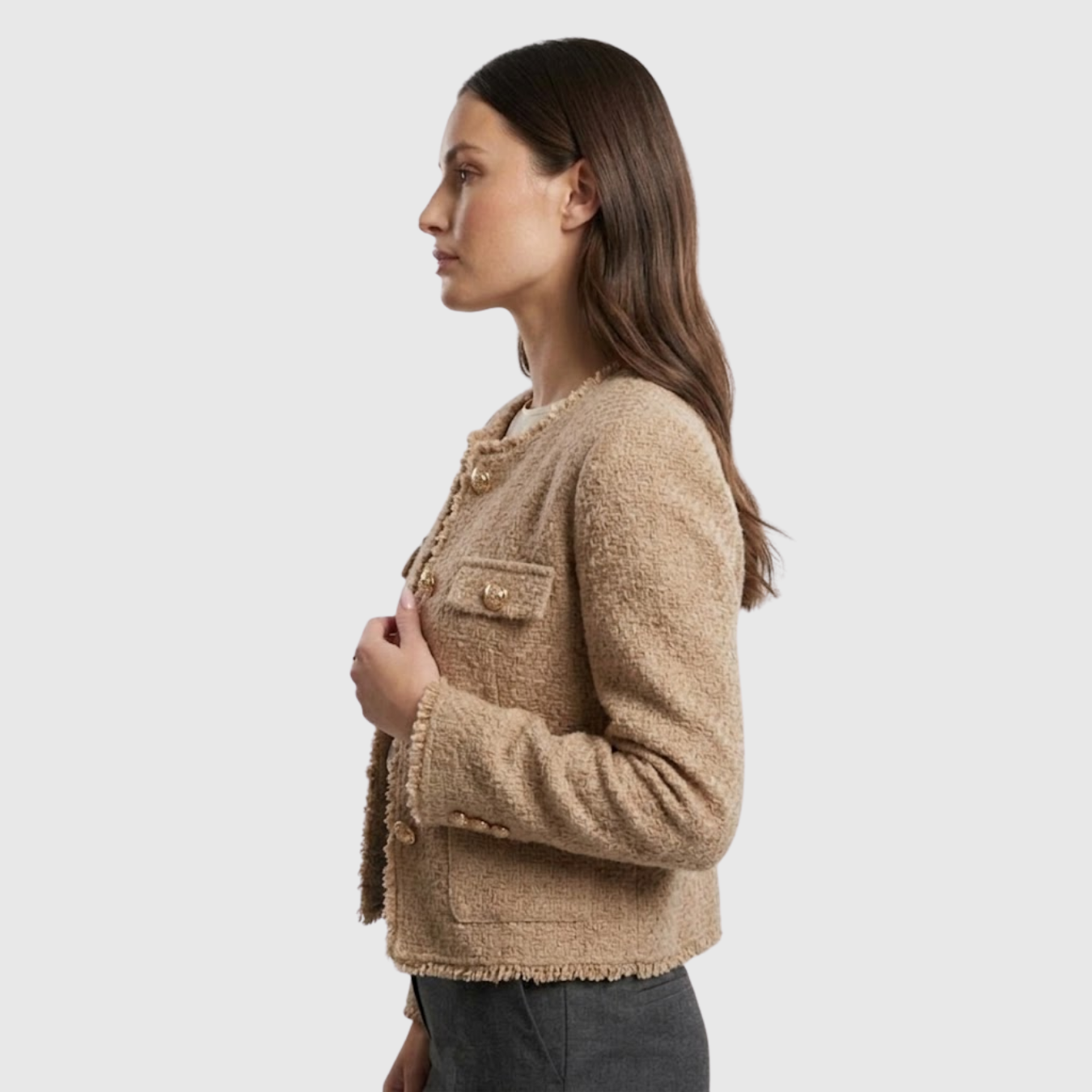 Veste femme tweed cintrée boutonnée col rond manches longues