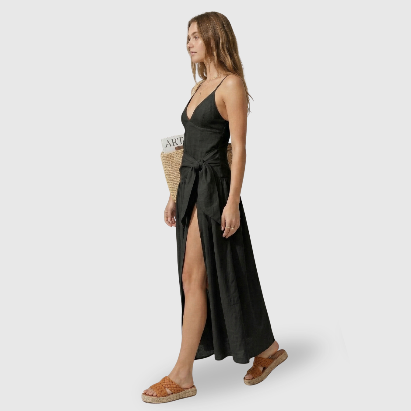 Robe longue femme en lin col en V manches courtes taille nouée coupe fluide