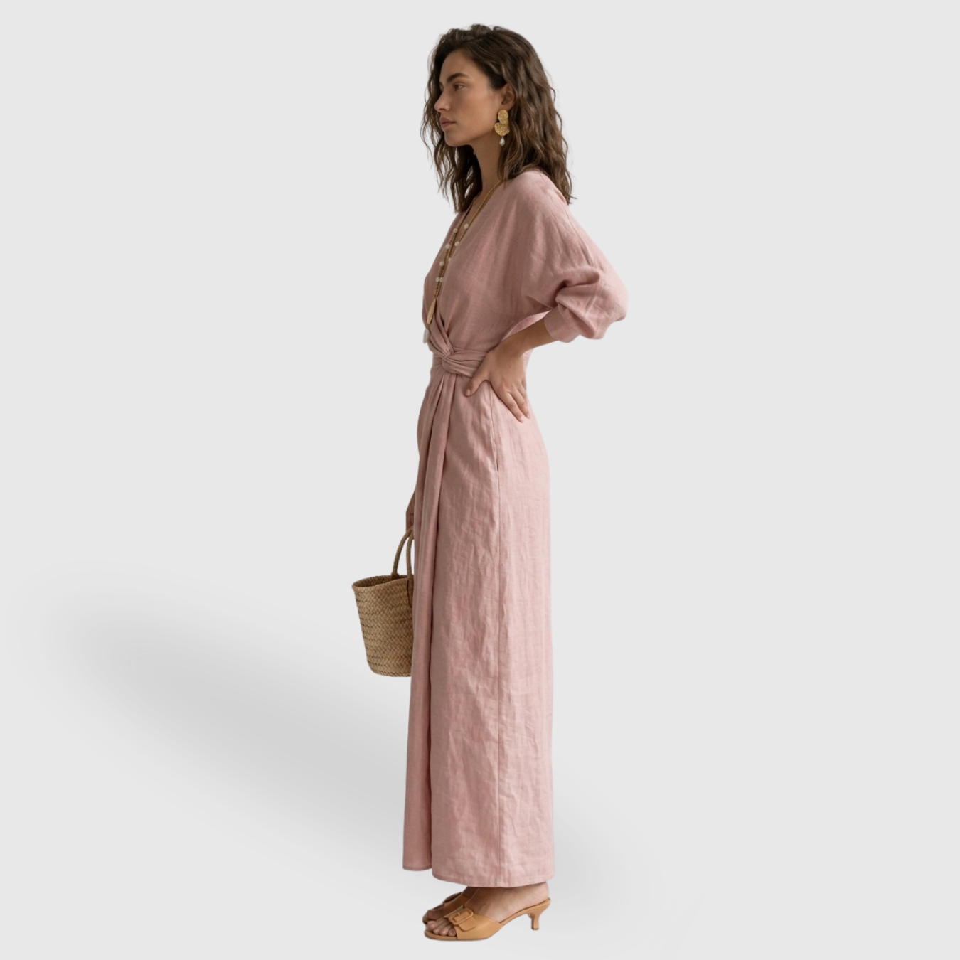 Robe longue femme mélange lin col V drapée manches longues