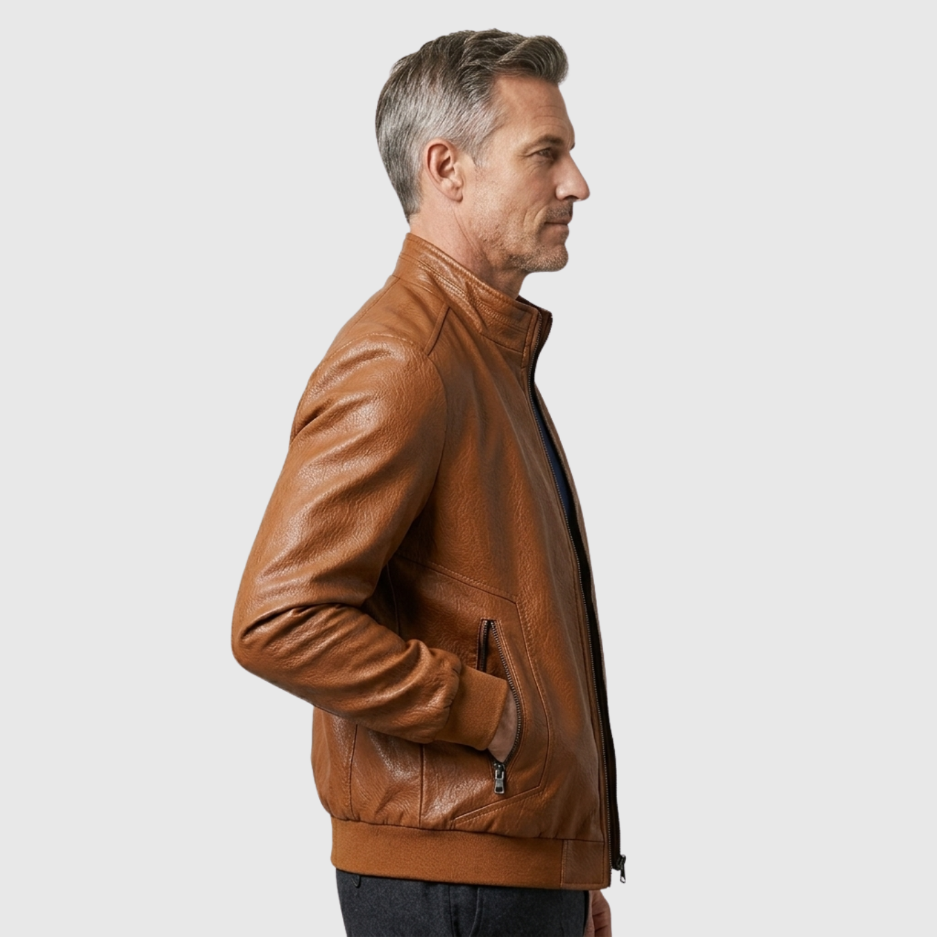 Veste en cuir homme zippée col montant coupe ajustée style biker