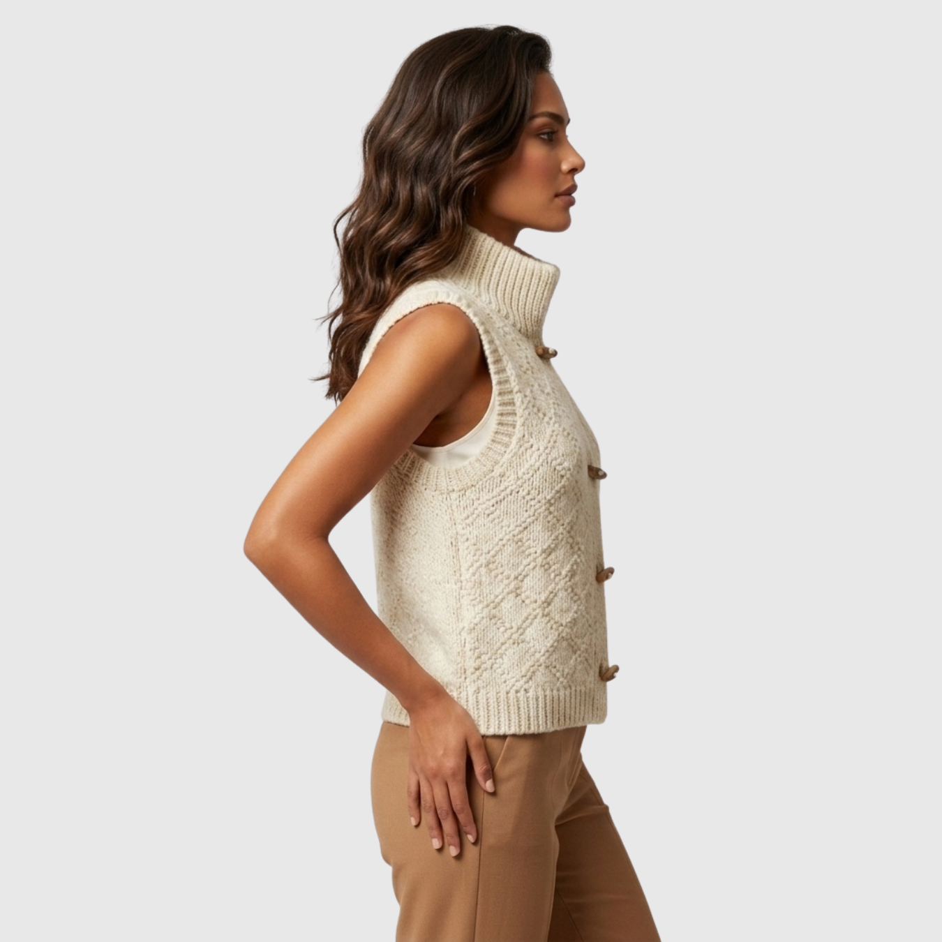 Gilet femme sans manches maille texturée fermeture boutons