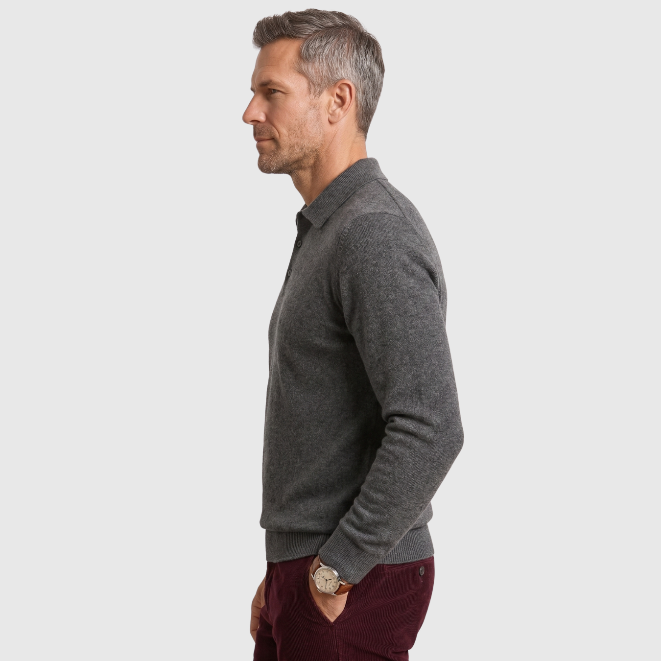 Pull homme col polo laine mérinos manches longues coupe ajustée