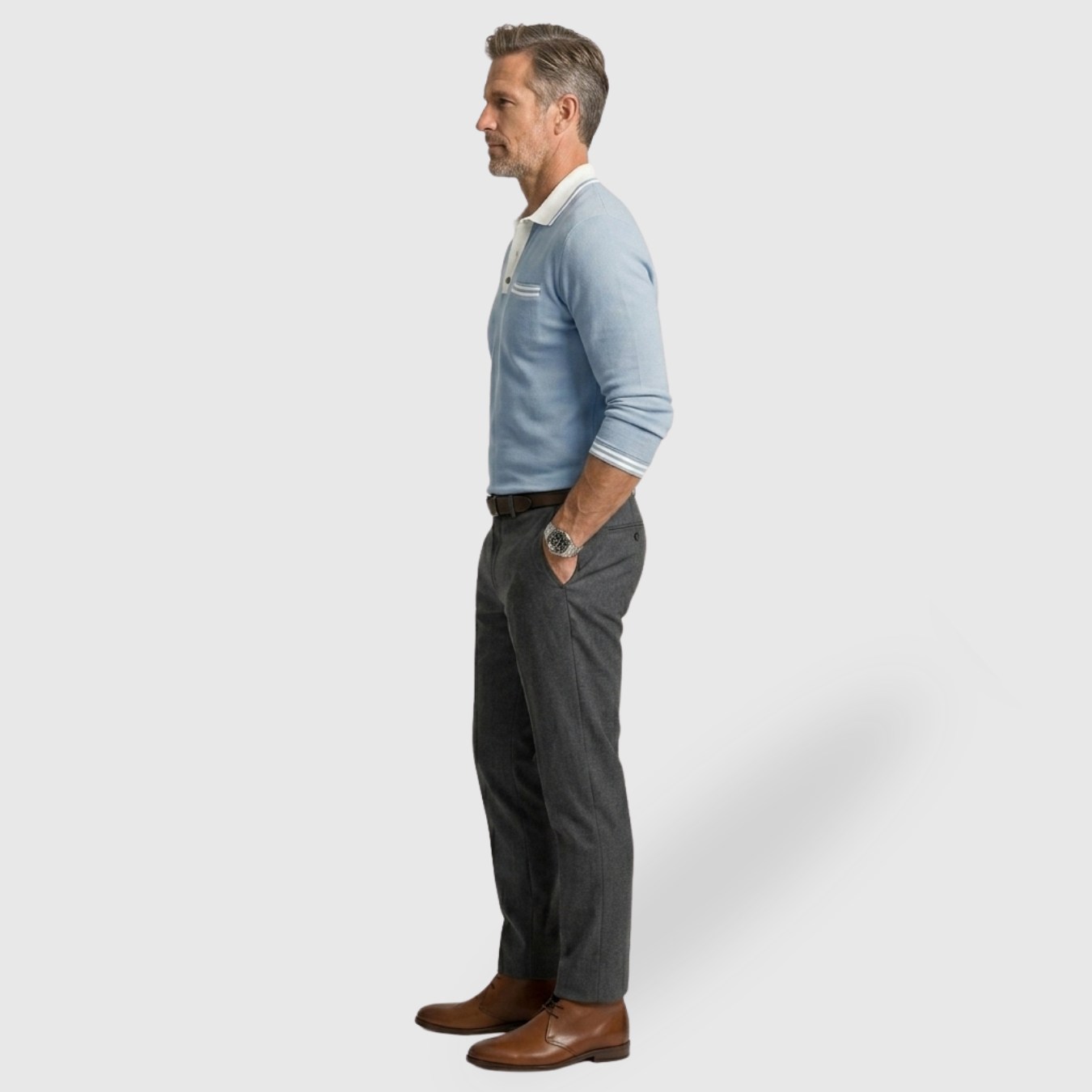 Polo homme manches longues col boutonné coupe ajustée détails contrastés