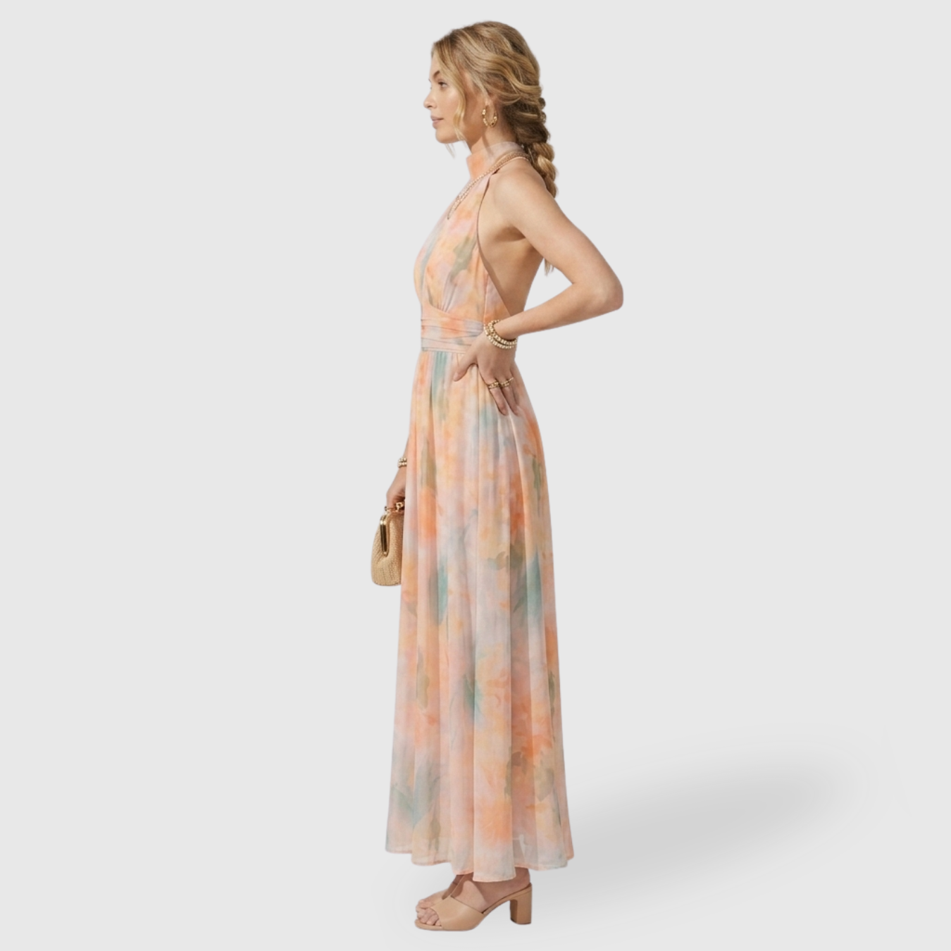 Robe longue femme dos nu col halter coupe fluide taille cintrée