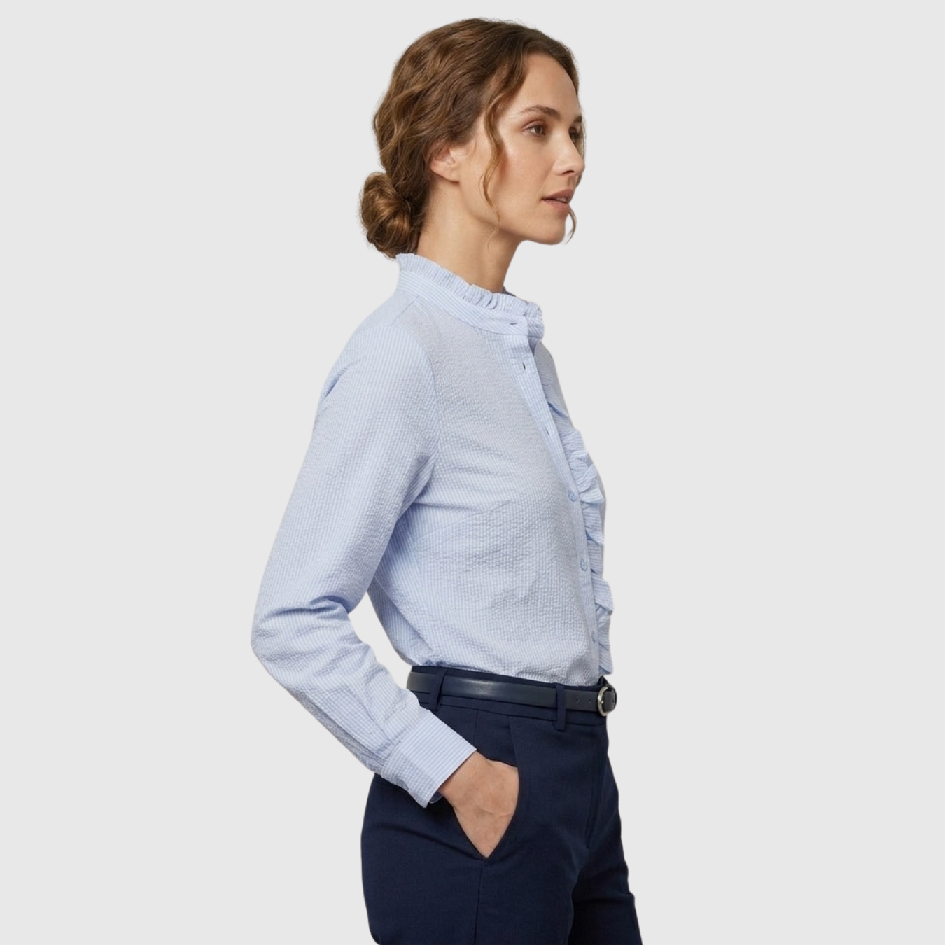 Chemisier femme à volants manches longues boutonné col V