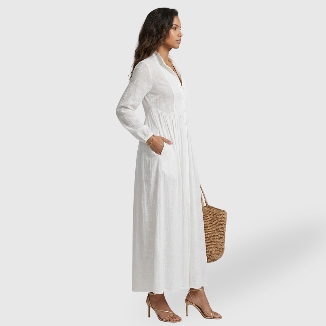Robe longue femme coton lin col montant manches longues