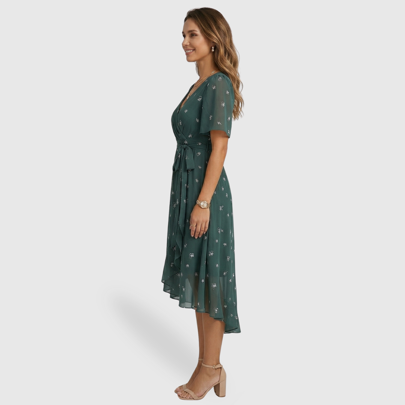 Robe midi femme fleurie col V manches courtes coupe évasée