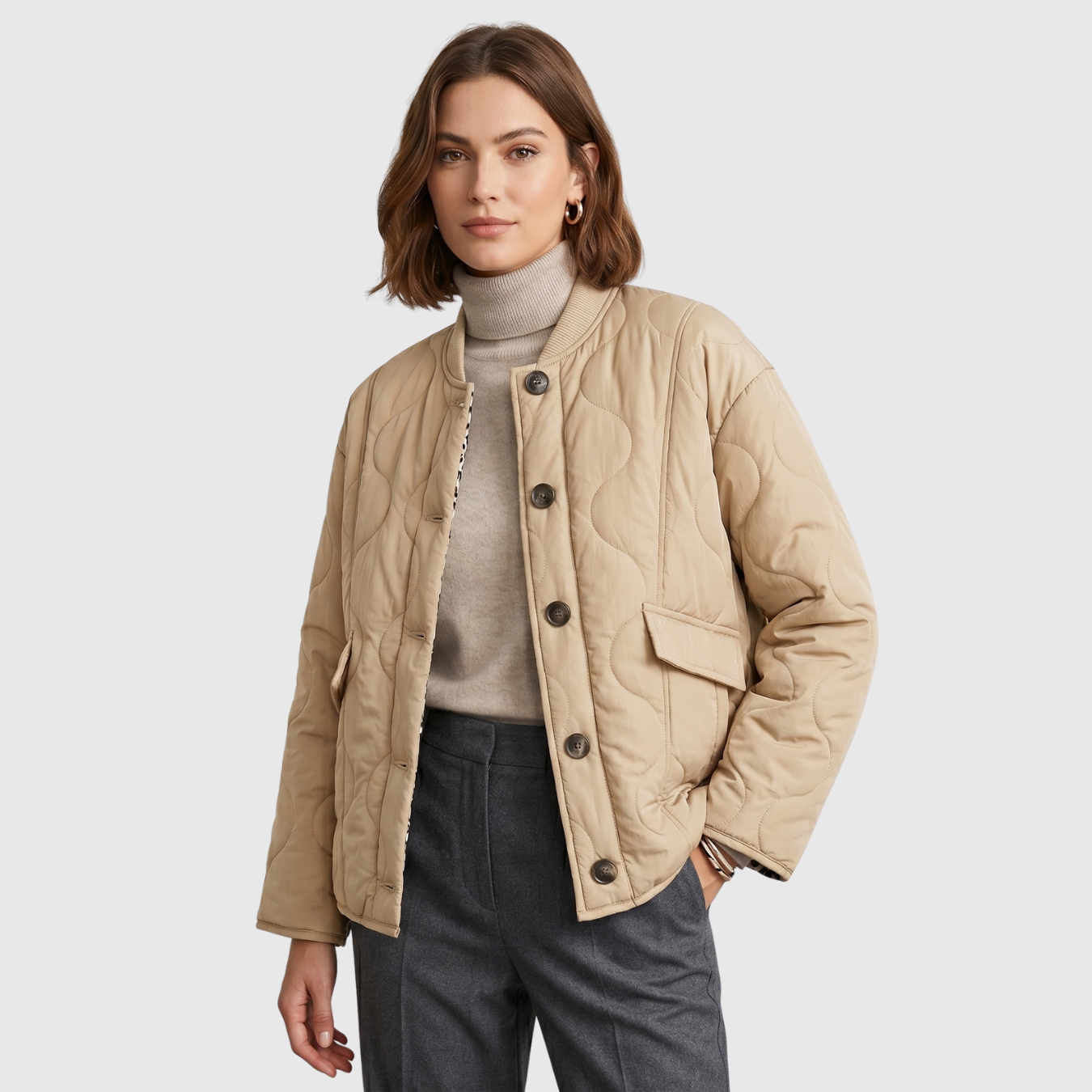 Veste matelassée femme courte col rond boutonnée doublure léopard