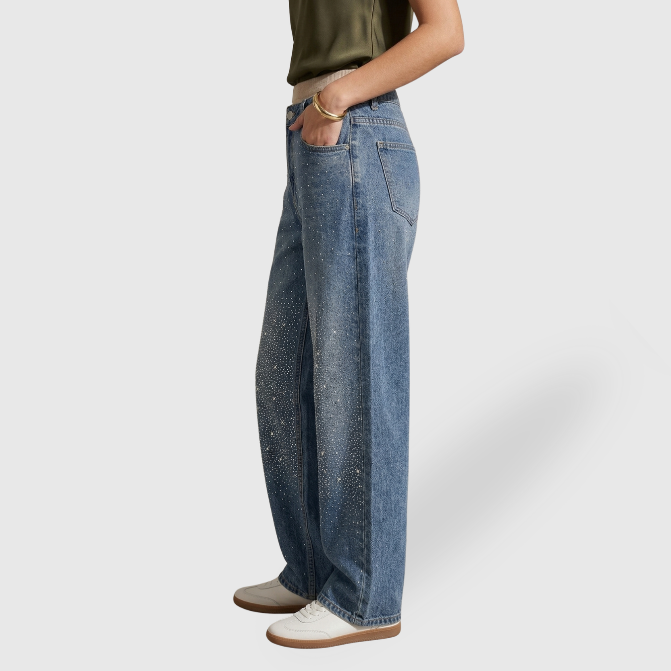 Jean large femme taille haute coupe oversize denim effet brillant