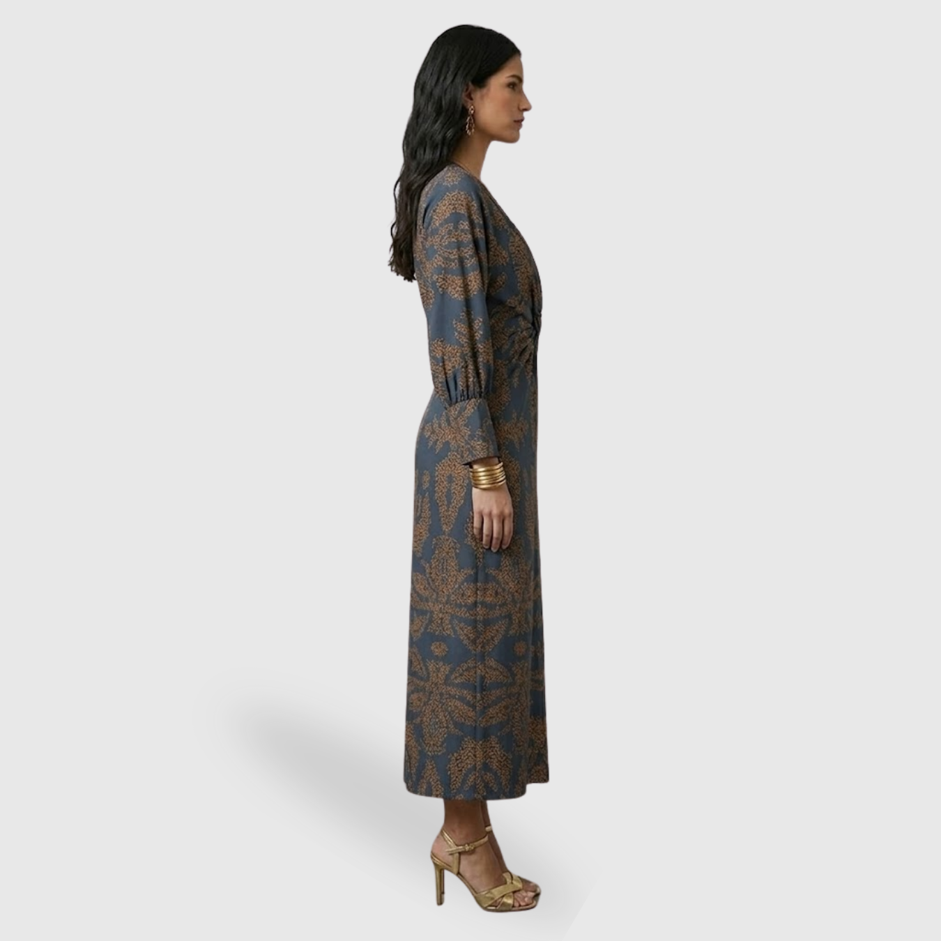 Robe longue femme coupe A col en V sans manches taille cintrée élégante