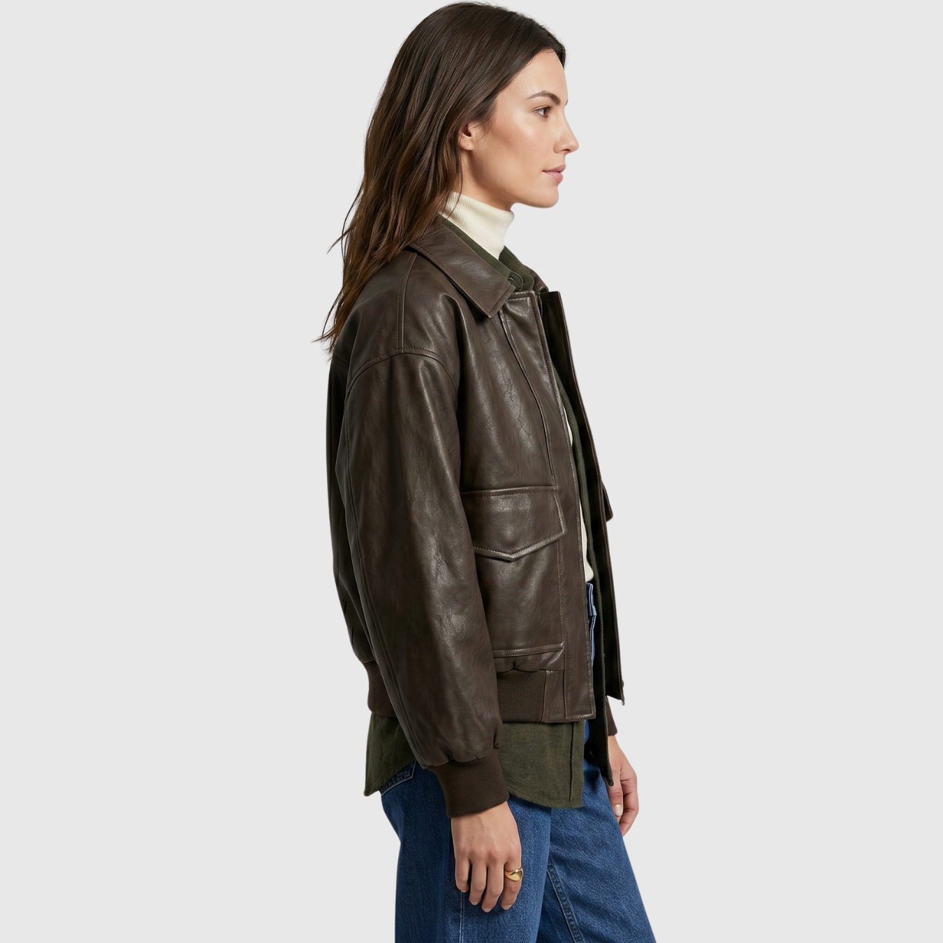 Veste femme oversize similicuir zippée ourlet côtelé poches
